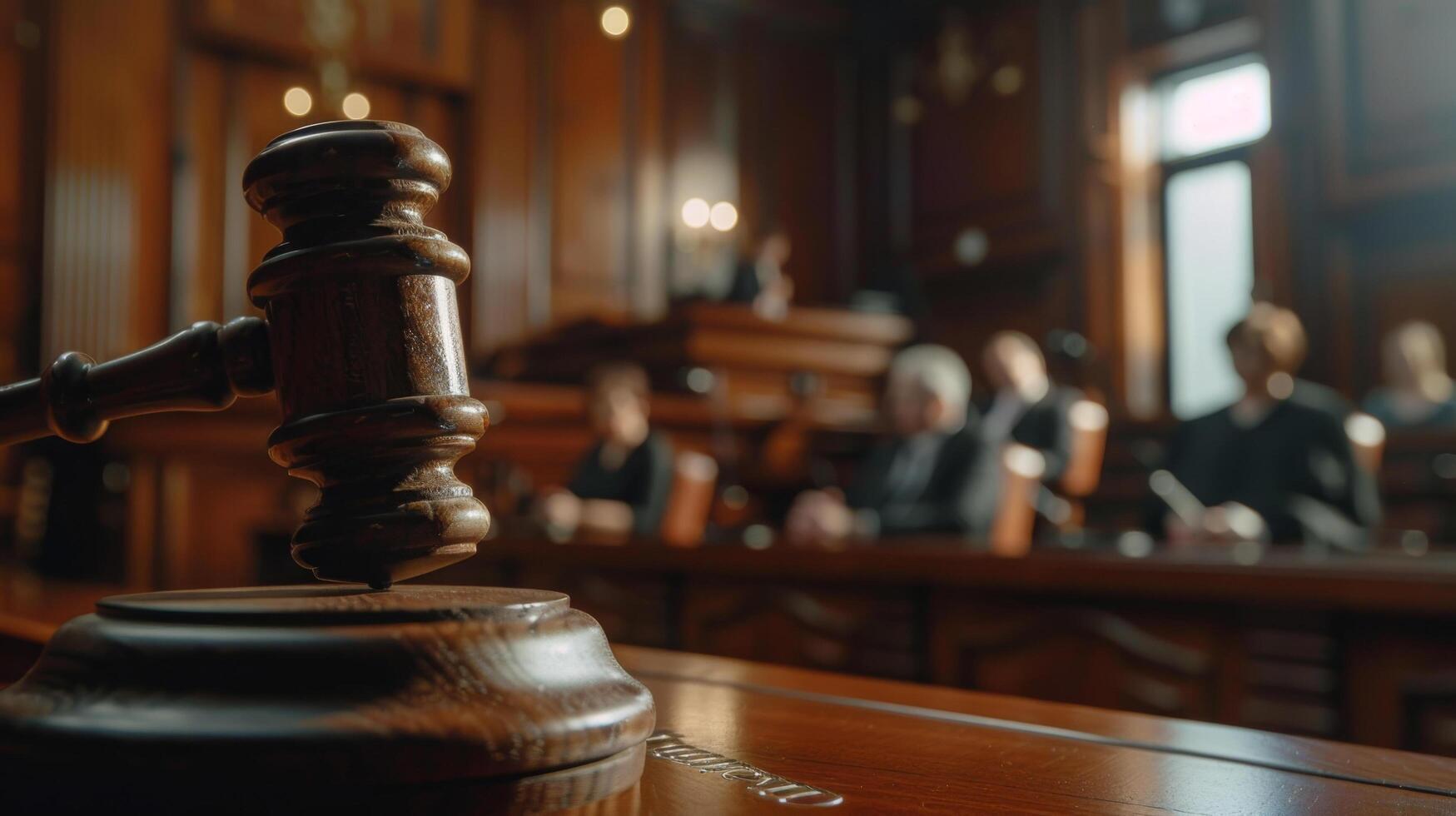 Close-up of a judge's gavel in a courtroom with blurred background of people, representing justice and law. photo