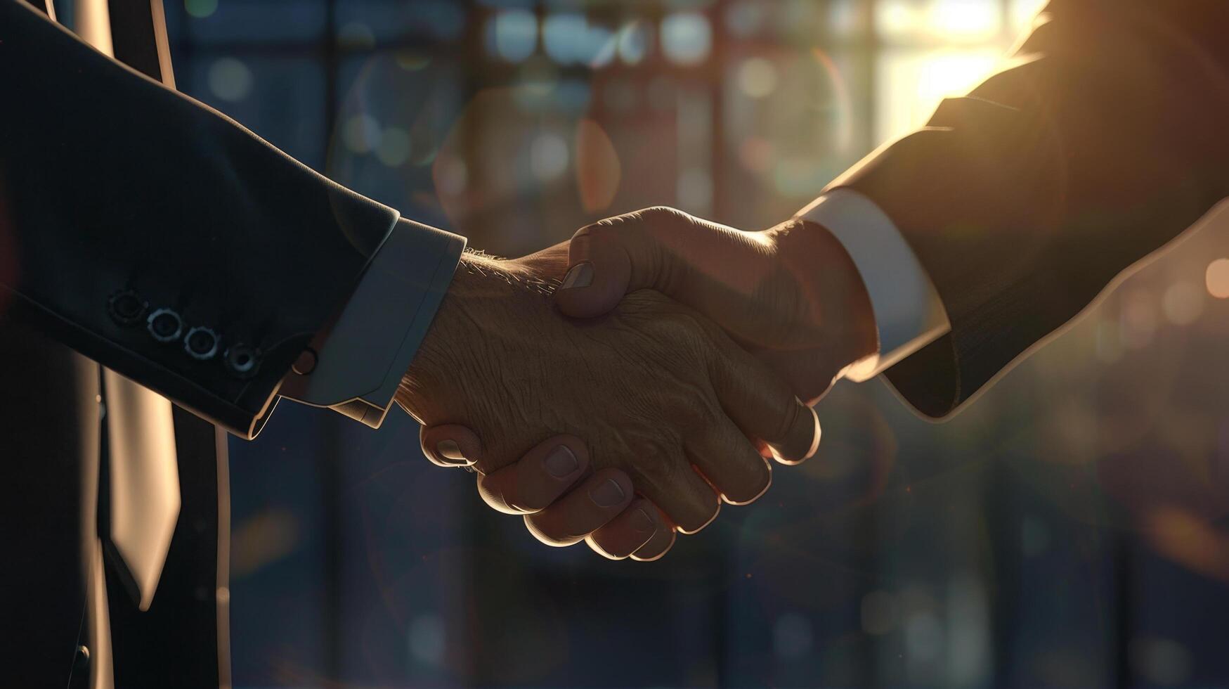Close-up of two businesspeople shaking hands in an office with a sunset in the background. A symbol of cooperation and partnership. photo