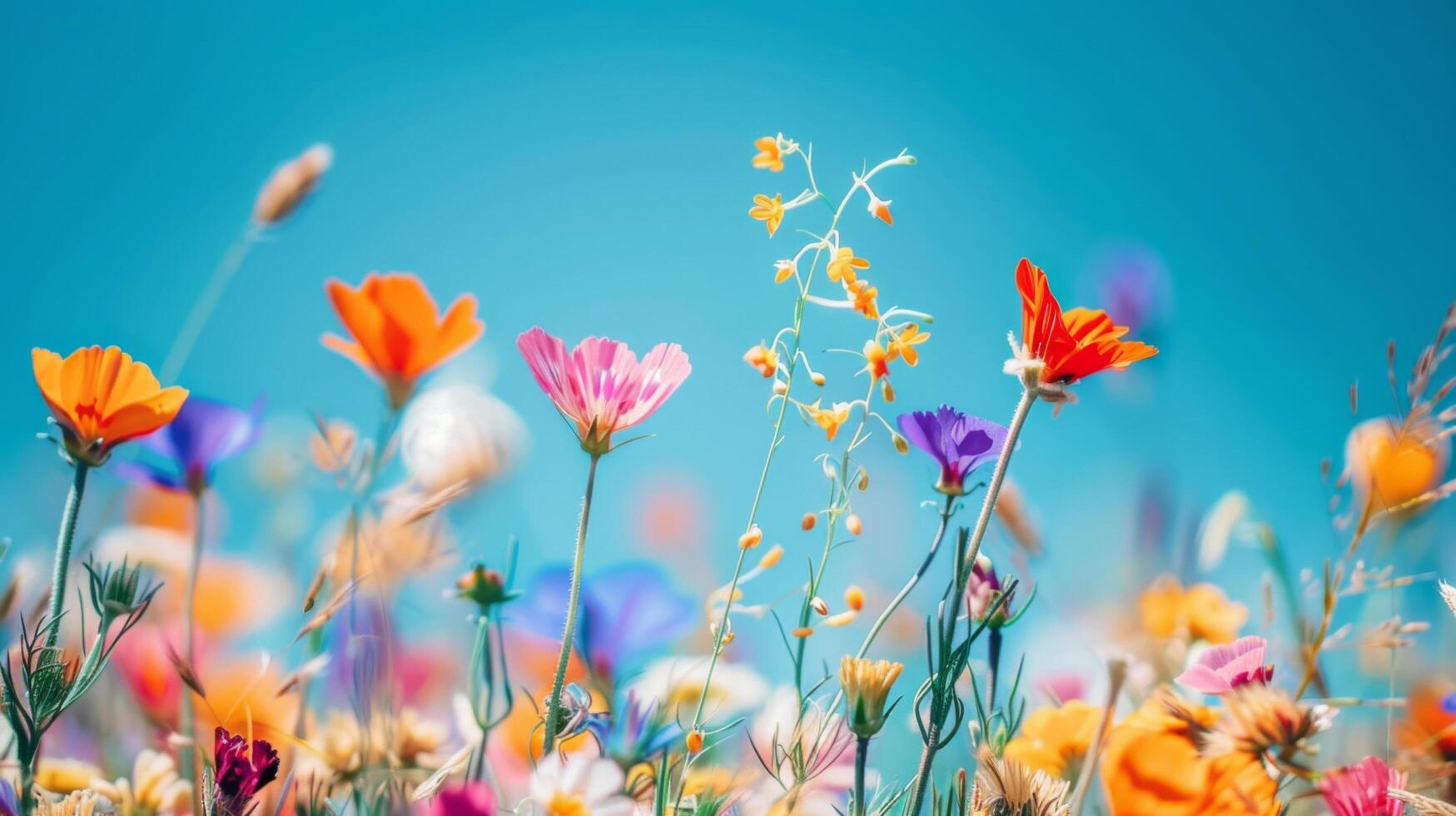 Vibrant wildflowers in a colorful meadow under a clear blue sky. Perfect nature shot capturing the beauty and diversity of flowers in bloom. photo