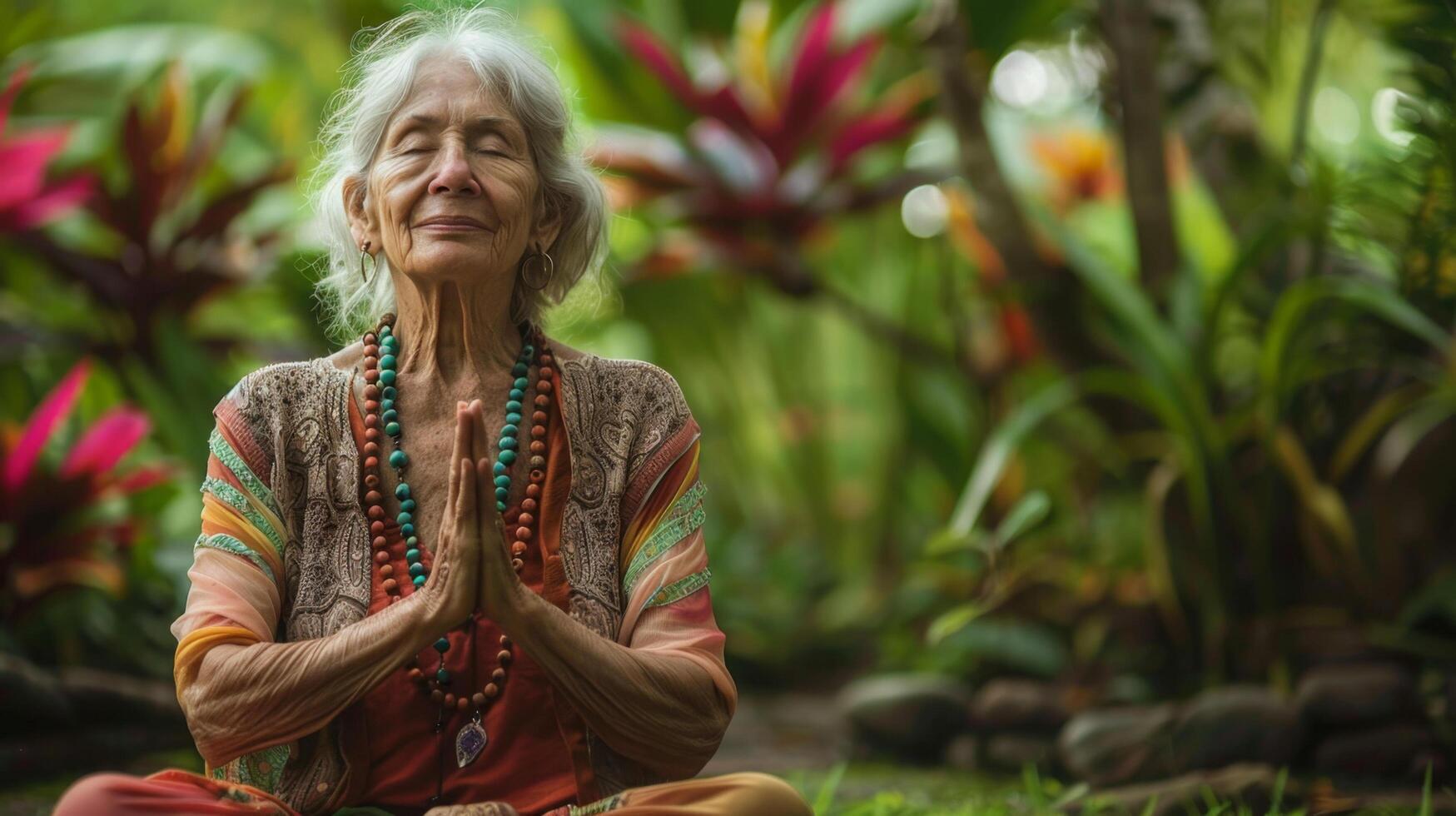 Elderly woman practicing yoga in tropical garden, achieving inner peace and mindfulness through meditation in nature setting. photo