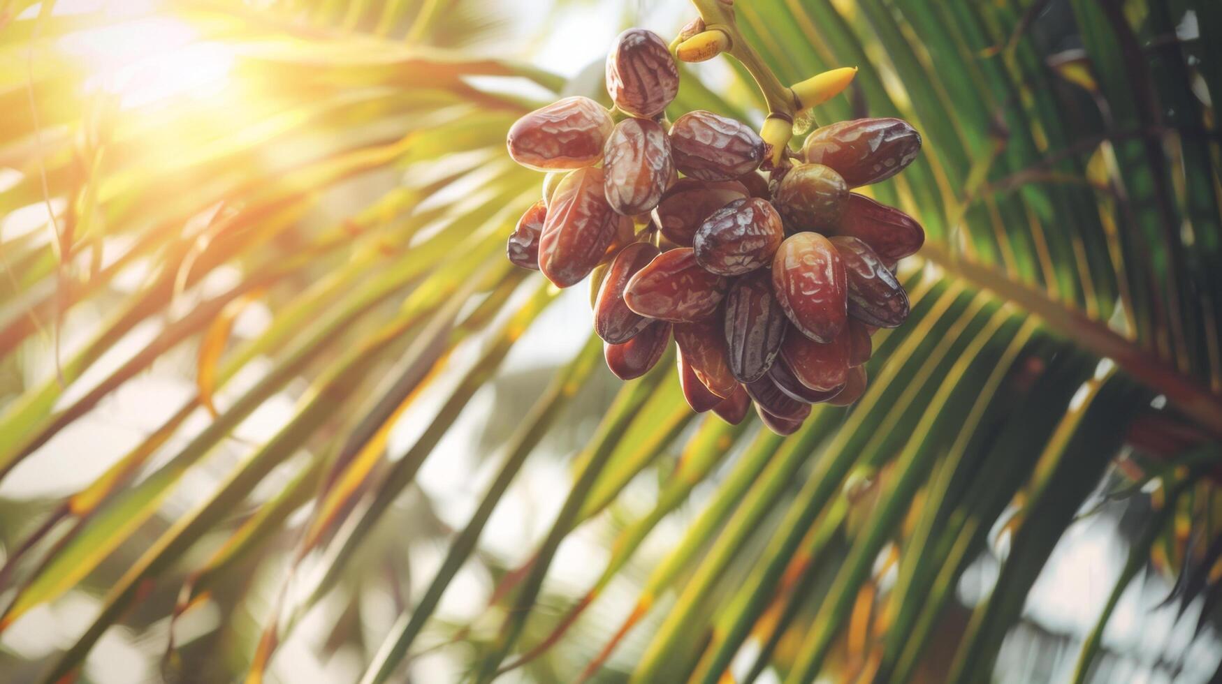Close-up of ripe dates hanging from a palm tree with sunlight filtering through the leaves, showcasing nature's tropical bounty. photo