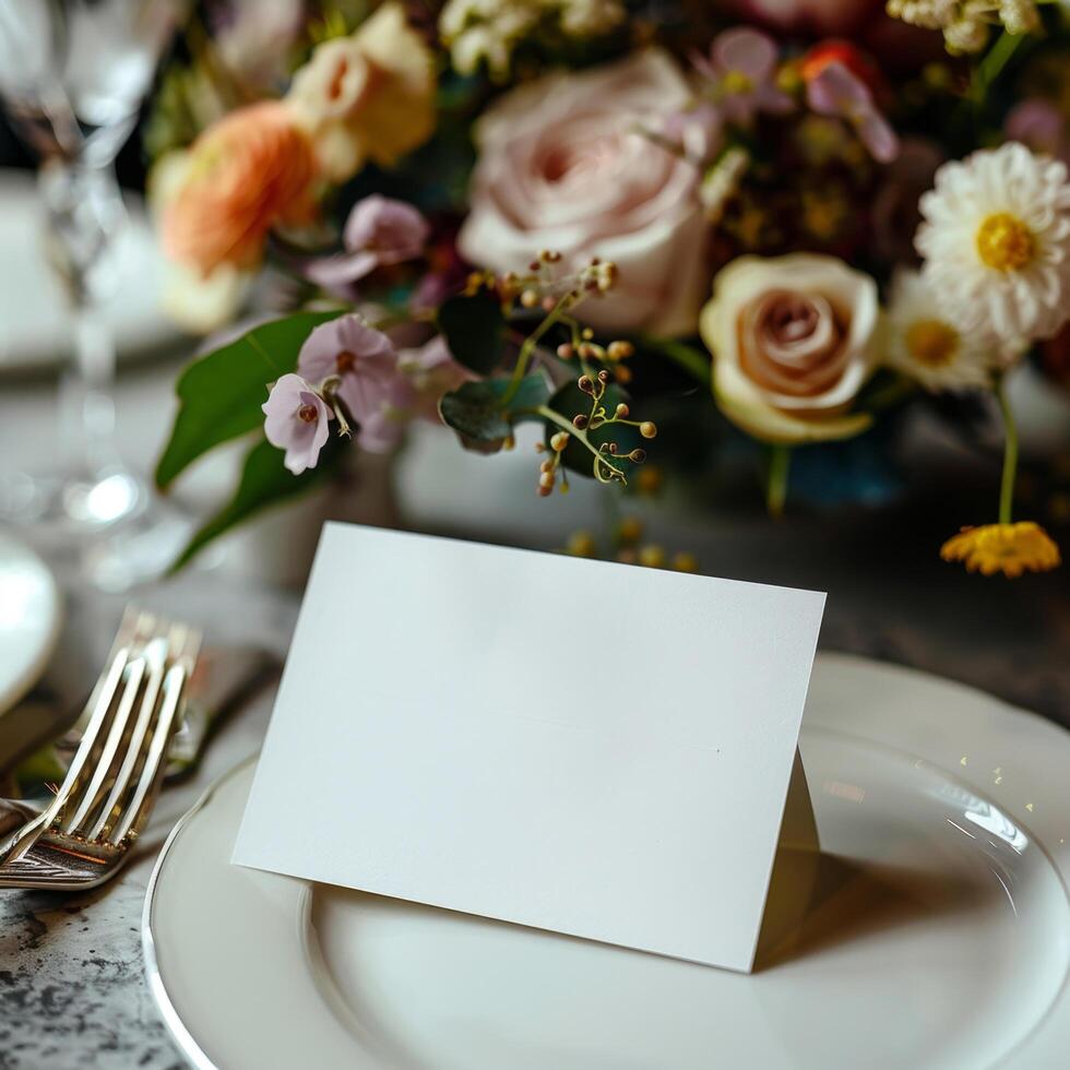 Elegant table setting with a blank place card and beautiful floral arrangement, ideal for weddings or formal gatherings. photo