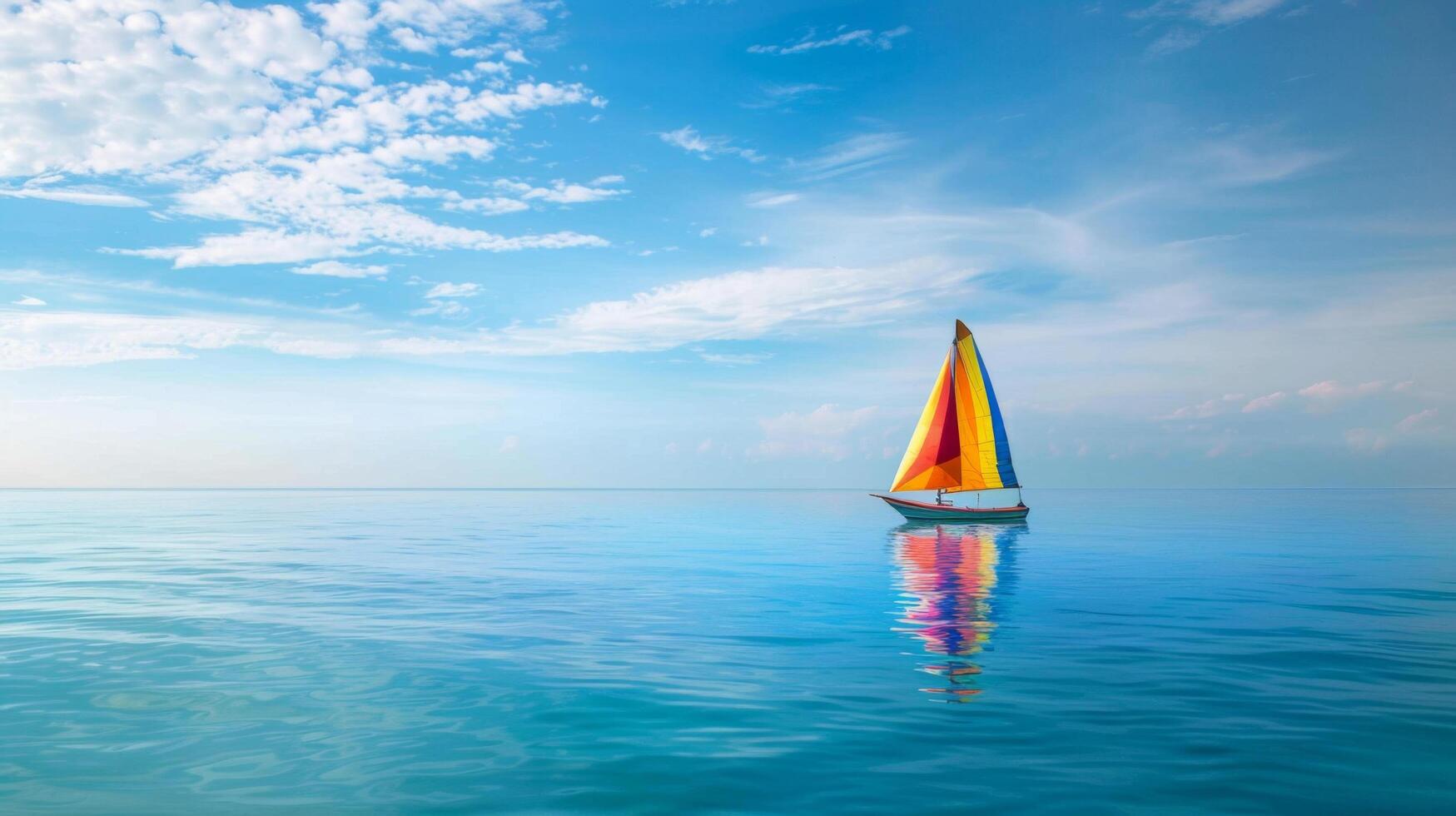 A colorful sailboat glides over calm ocean waters under a clear blue sky, representing peace and adventure in nature. photo