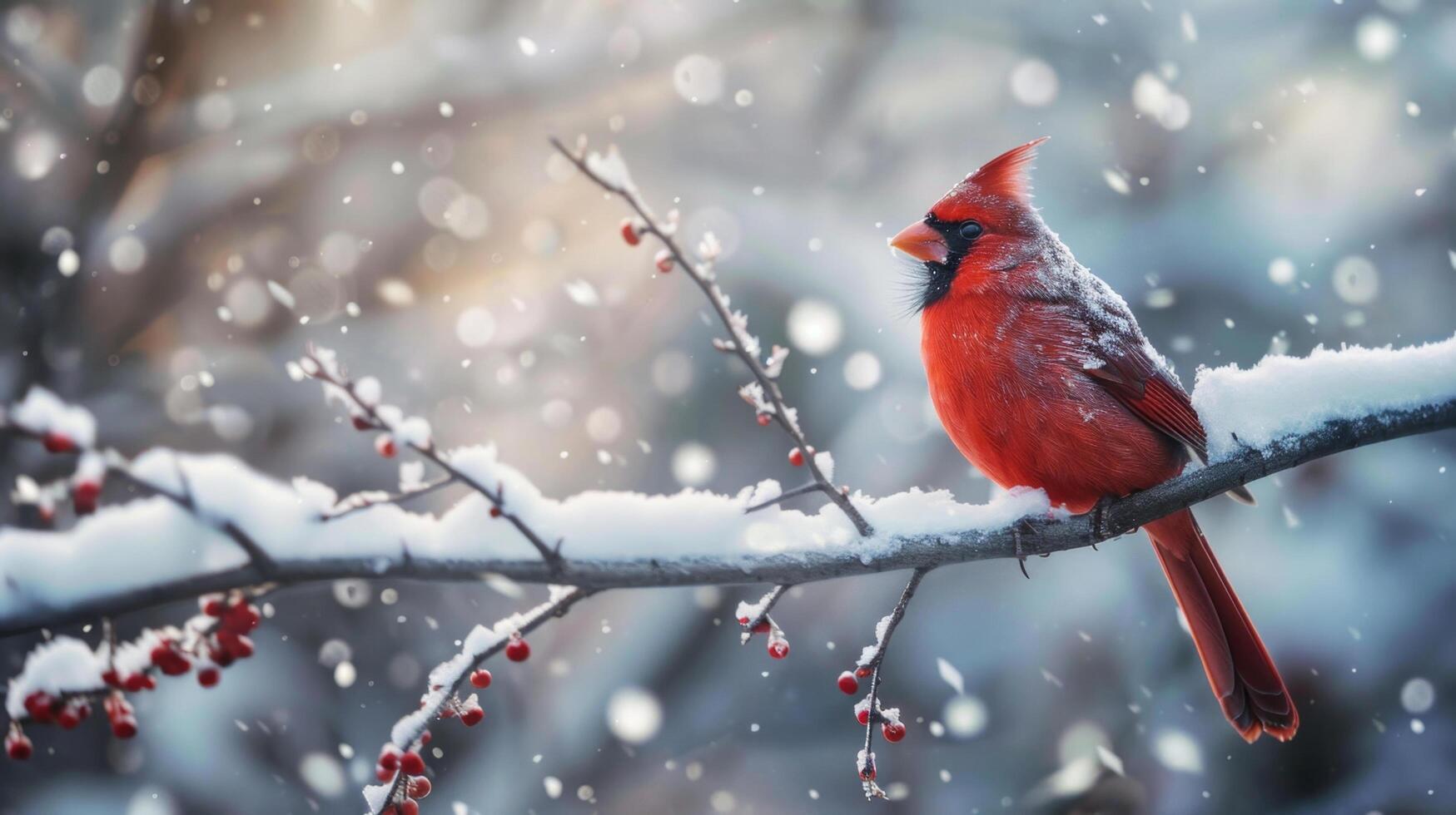 A vibrant red cardinal perched on a snow-covered branch with a serene winter background and softly falling snowflakes. photo