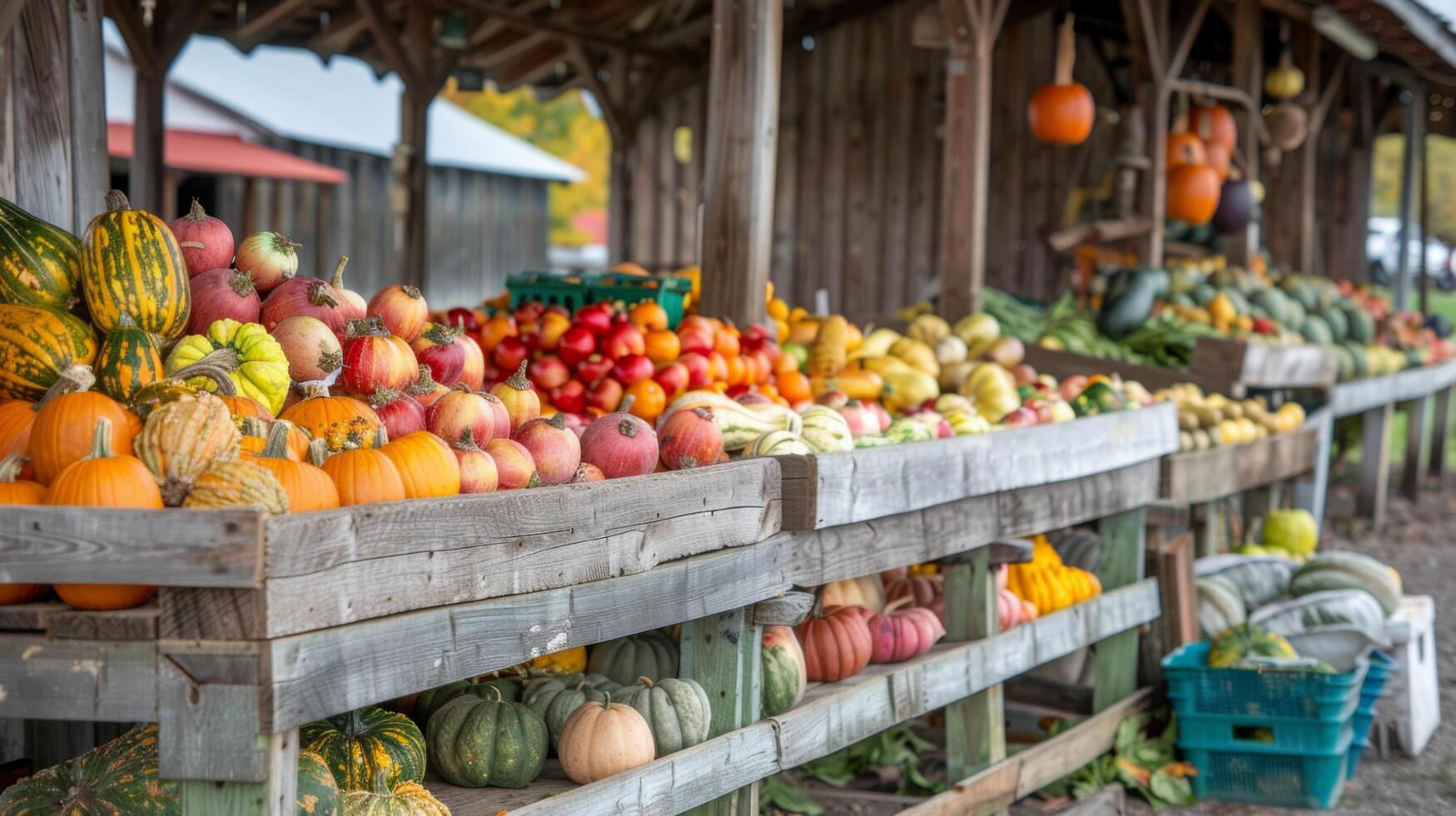 A rustic outdoor market stall with an assortment of colorful pumpkins, squash, and other fresh produce displayed on wooden tables. photo