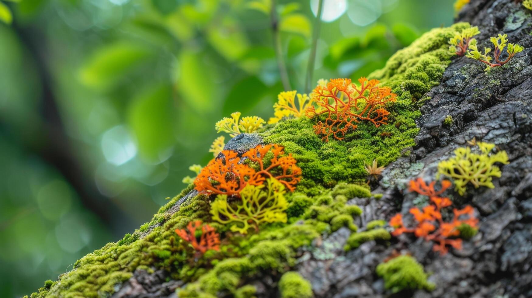 Close-up of vibrant moss and lichen growing on a tree trunk in a lush, green forest with a soft focus background. photo
