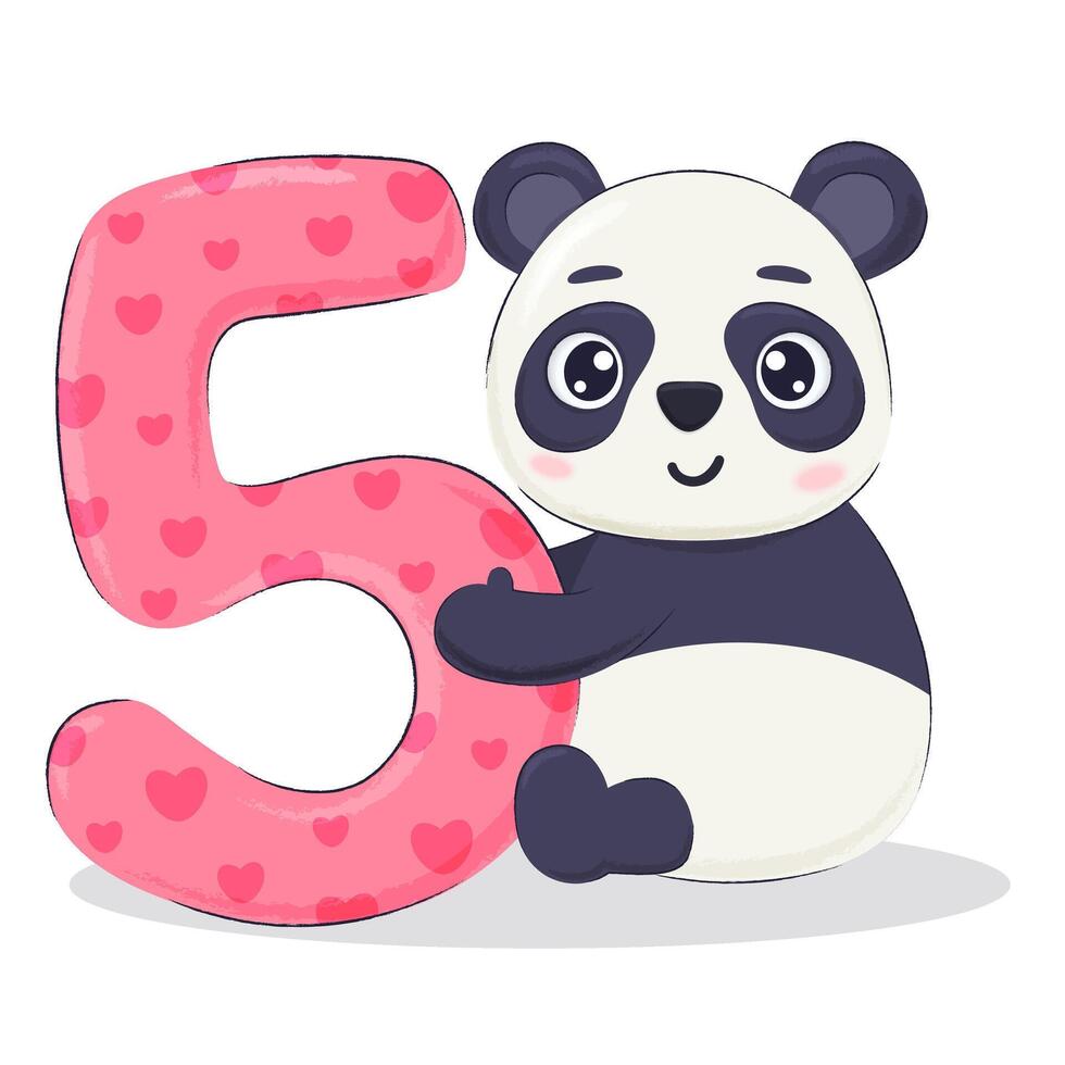 Funny panda bear character with a number 5. Child birthday postcard, party invitation elements vector