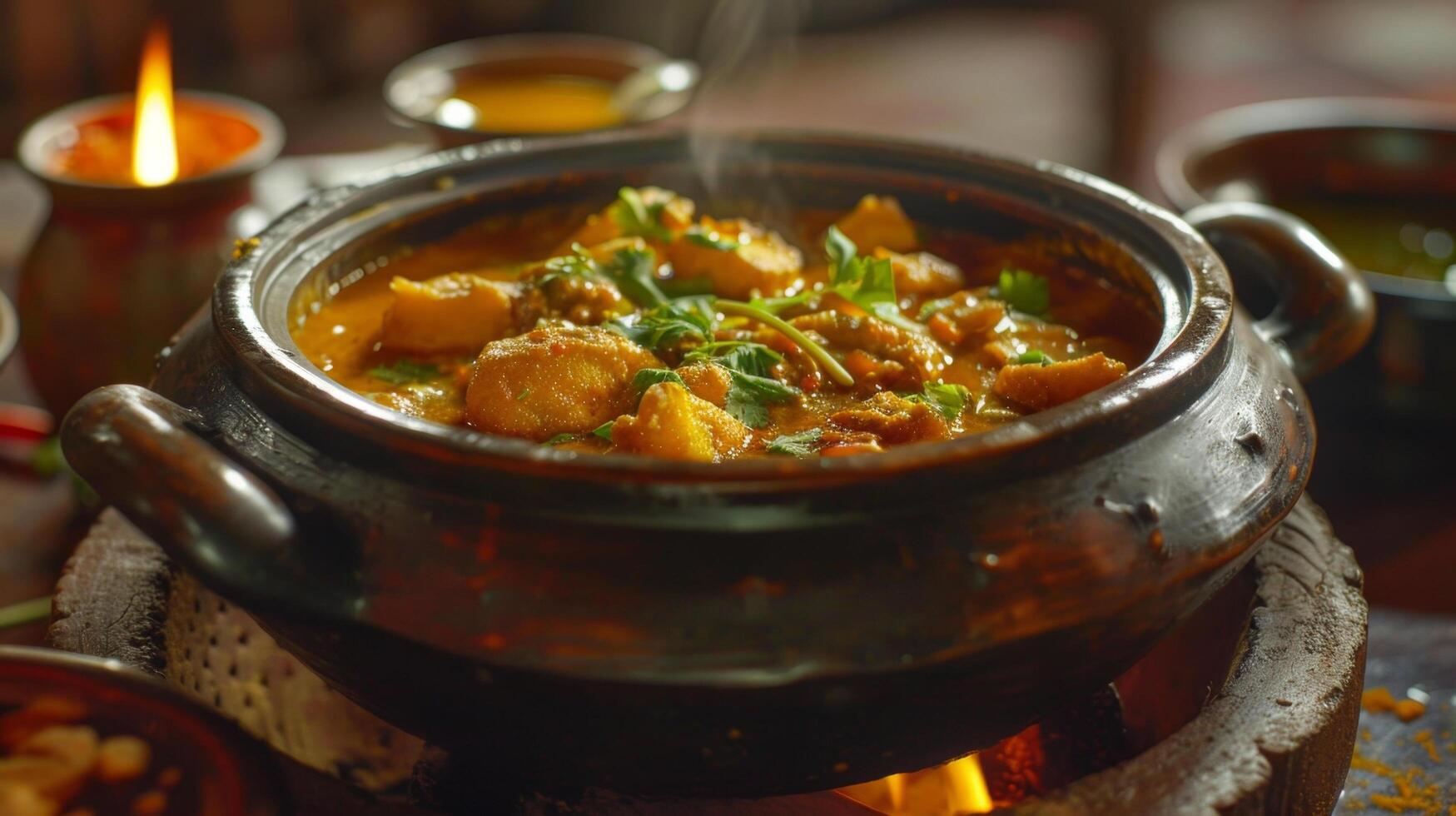 A delicious traditional dish cooking in a rustic clay pot, garnished with fresh greens and spices, perfect for authentic culinary experiences. photo