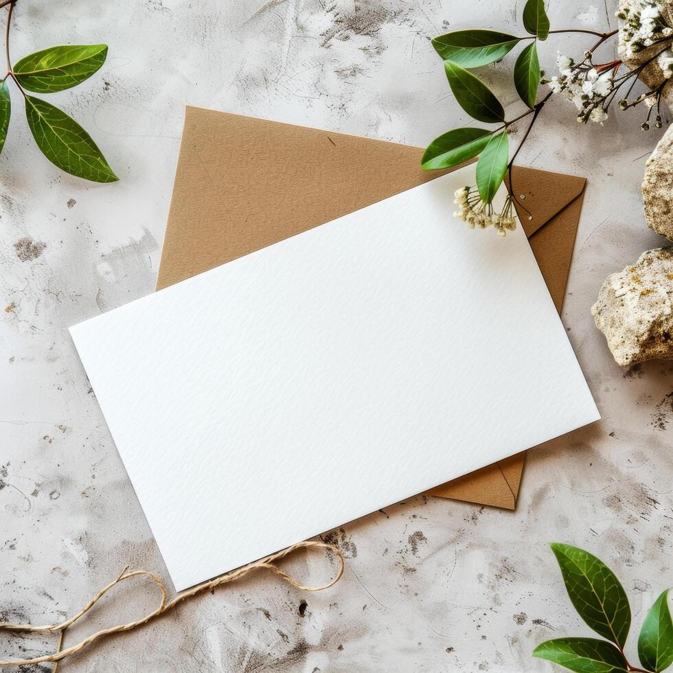 Blank white card on brown envelope with green leaves, neutral background, perfect for invitations or greetings. photo