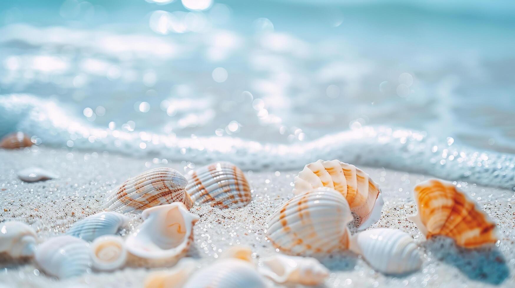 Close-up of seashells on sandy beach with ocean wave in background. Perfect for summer, nature, and vacation themes. photo