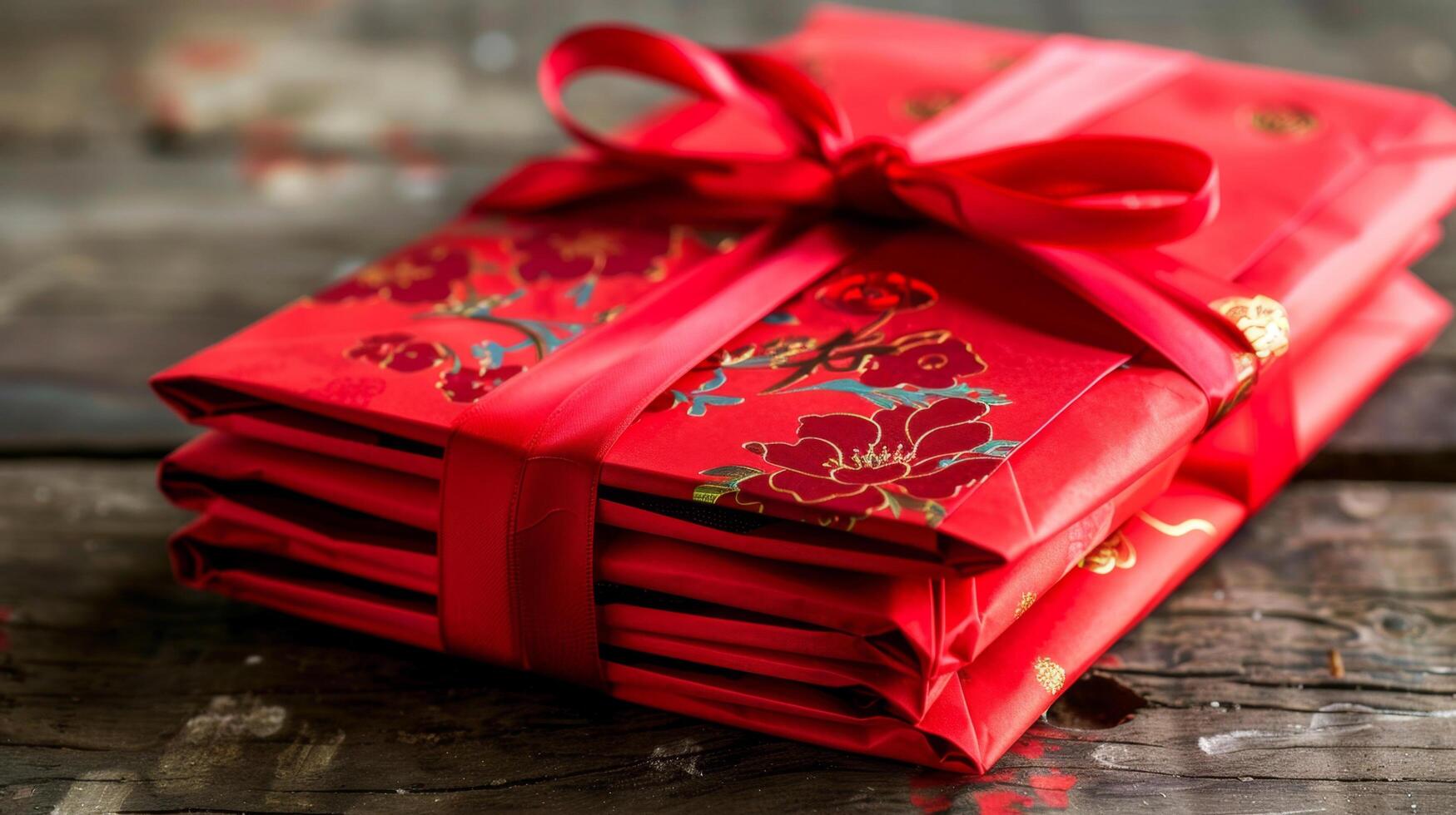 Stack of red envelopes with a ribbon on a rustic wooden table, highlighting traditional festive packaging with floral designs. photo