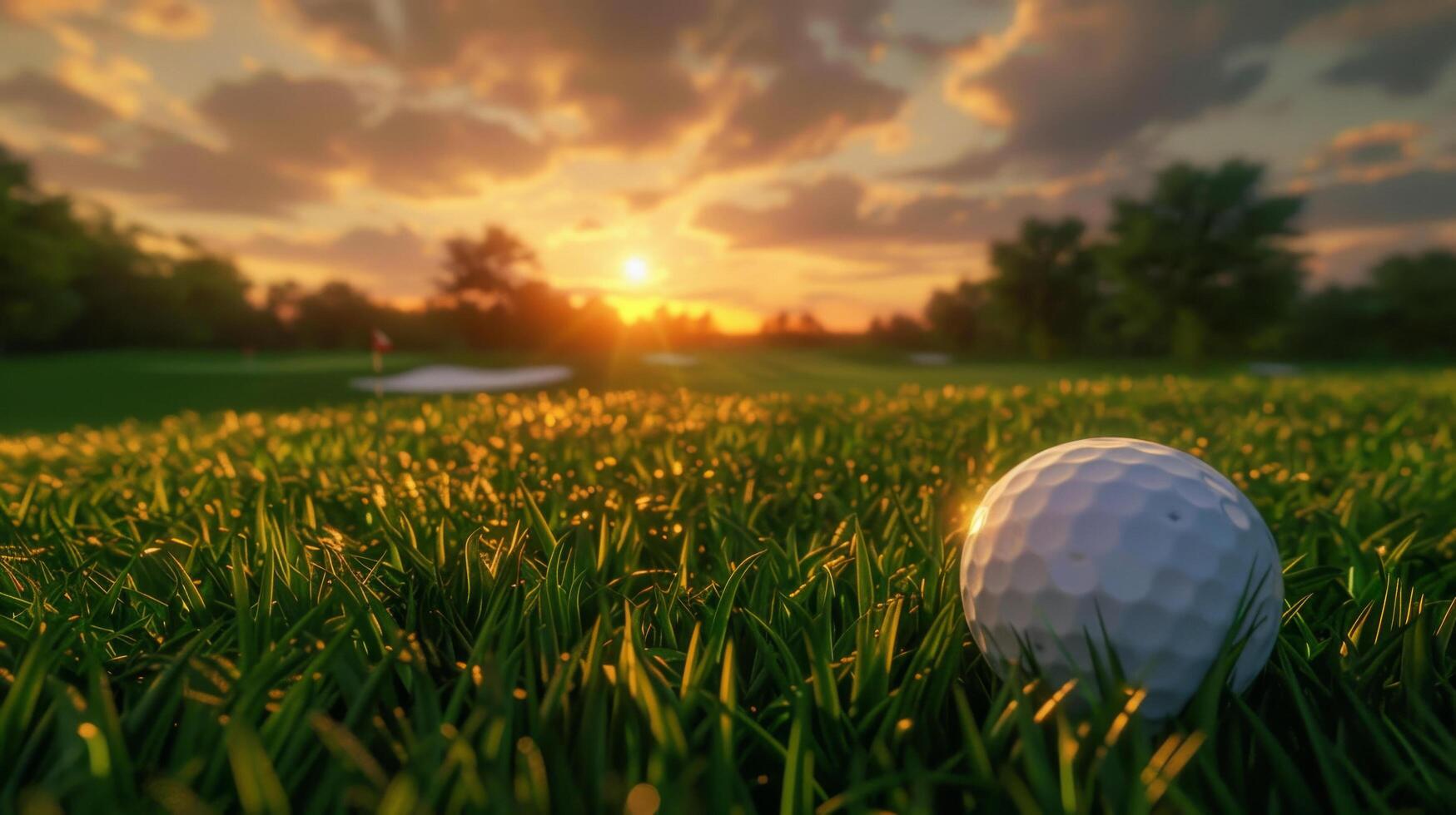 Close-up of golf ball on grass with beautiful sunset backdrop, capturing the serene and tranquil atmosphere of a golf course. photo