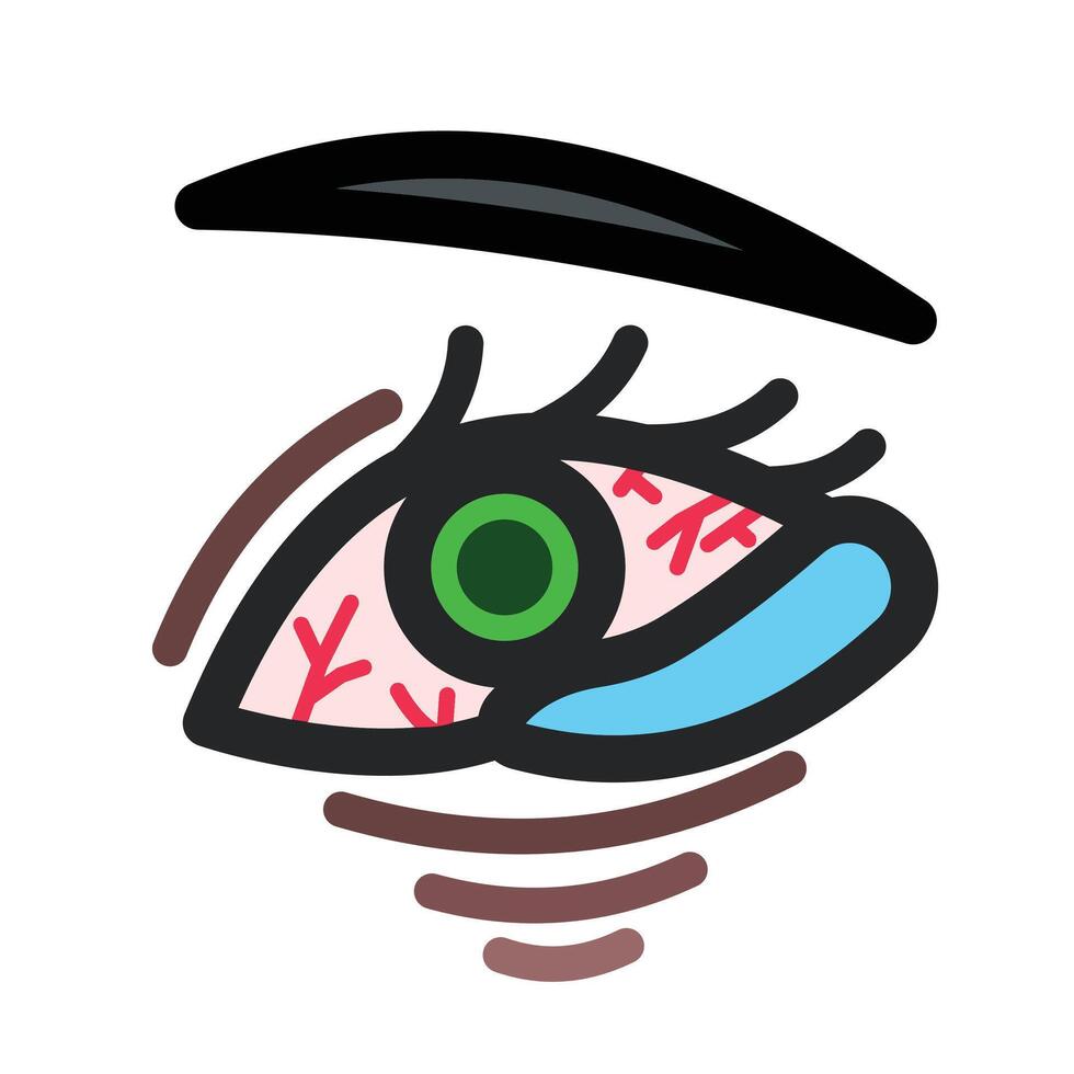 Colored red eye irritation with green pupil and tears icon illustration sign outline isolated on square white background. Simple flat conjunctivitis health care themed drawing. vector