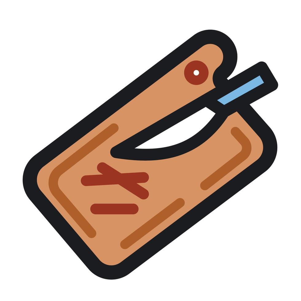 Colored wooden cutting board and knife kitchen utensil icon illustration with black outline isolated on square white background. Simple flat cartoon styled drawing. vector
