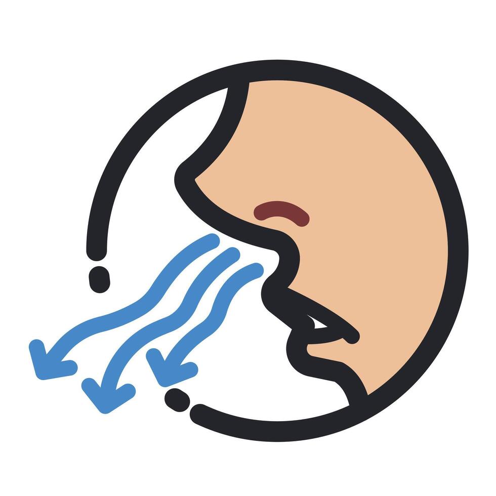Colored side view nose breathing out fresh air. Human sigh or letting out air icon illustration outline isolated on square white background. Simple flat sign drawing with cartoon art style. vector