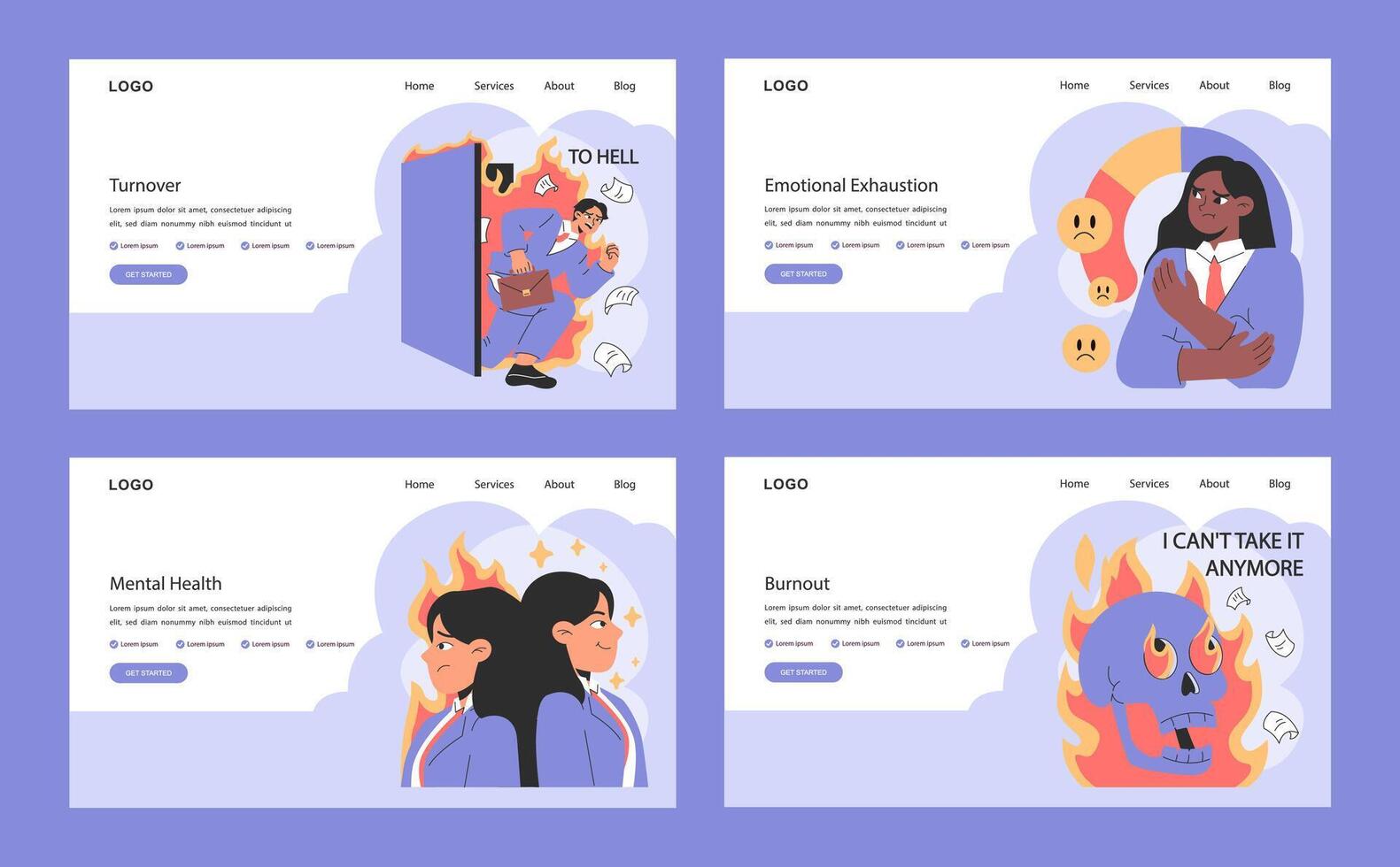 Professional burnout web banner or landing page set. Employee on fire vector