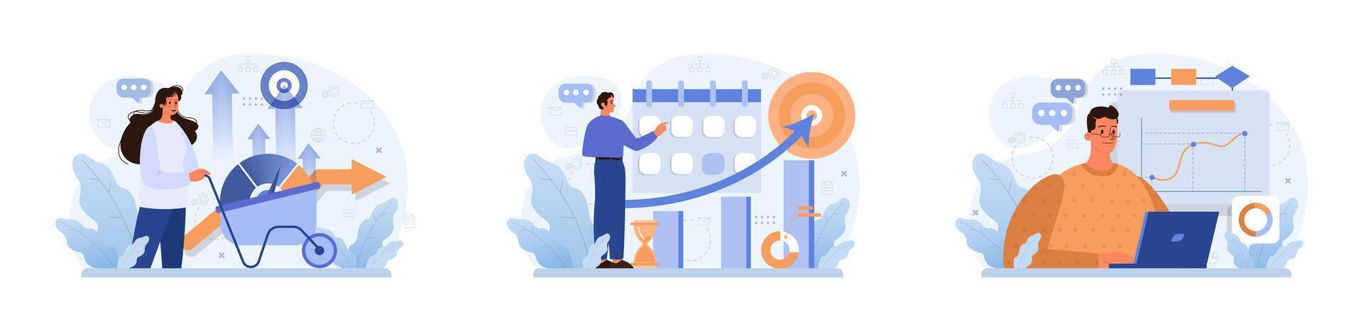 Progress set. Work optimization and efficiency. Character moving vector