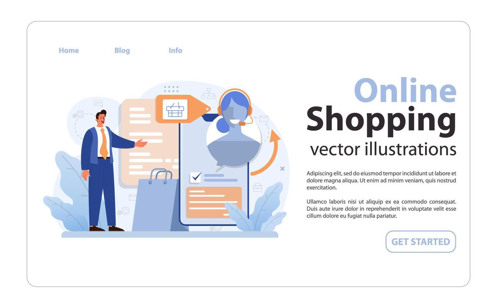 E-commerce web banner or landing page. Entrepreneur selling goods vector