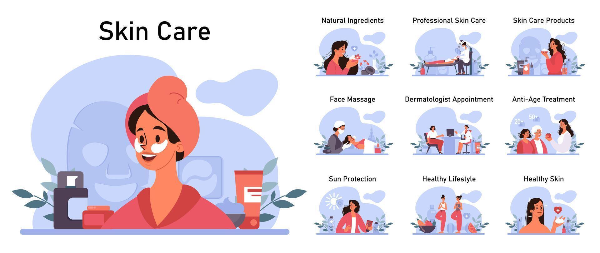 Skincare routine set. Facial skin cosmetic products applying and professional vector
