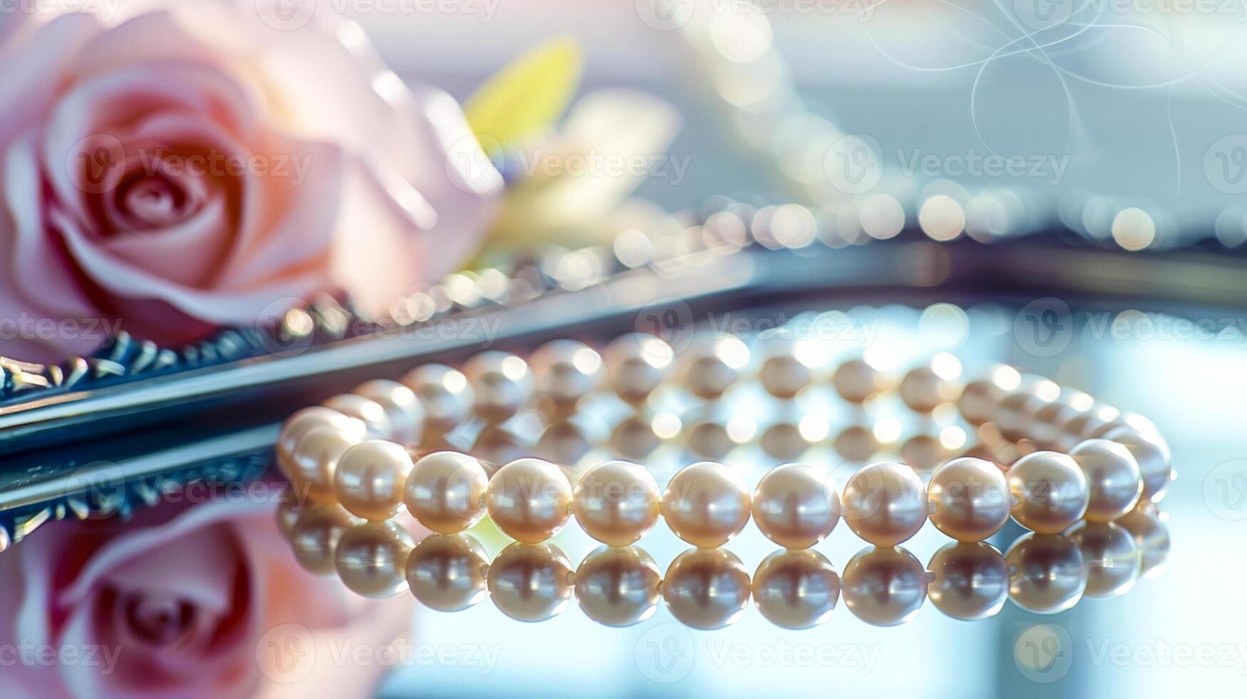 Elegant Pearls on Reflective Surface with Bokeh photo