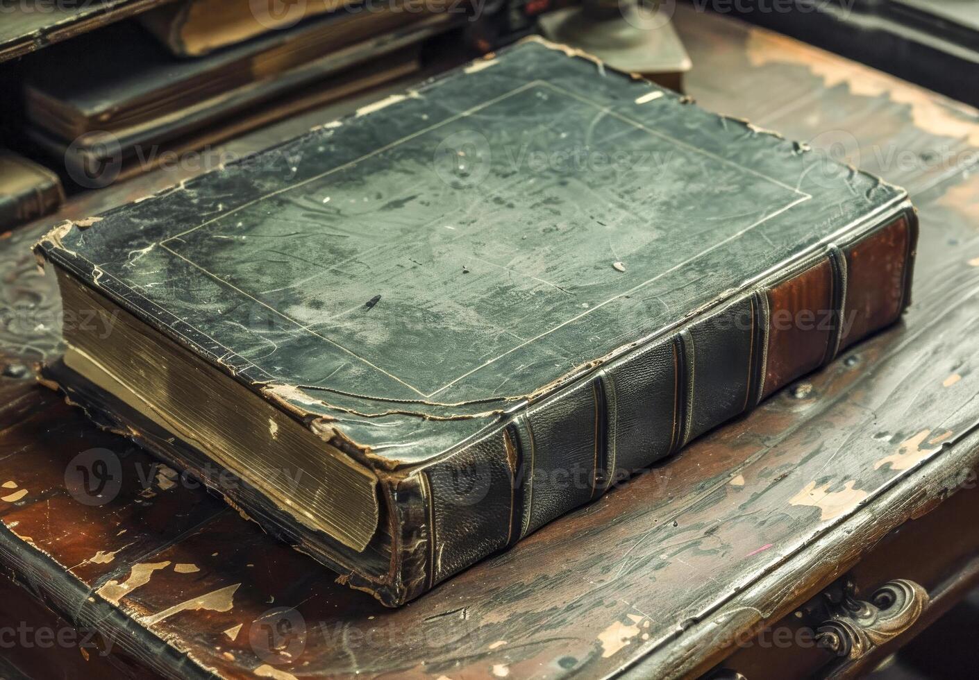 Aged Leather-Bound Book on Rustic Table photo