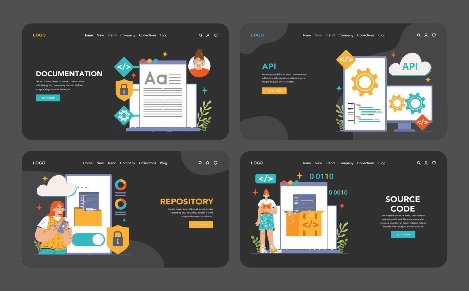 Open source web banner or landing page dark or night mode set. vector