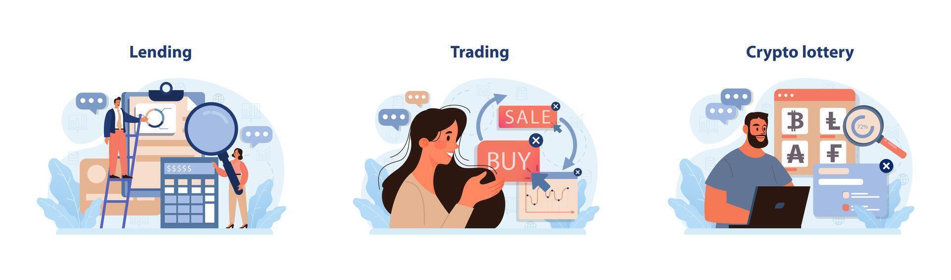 DeFi, decentralized finance set. Smart distributed ledger vector