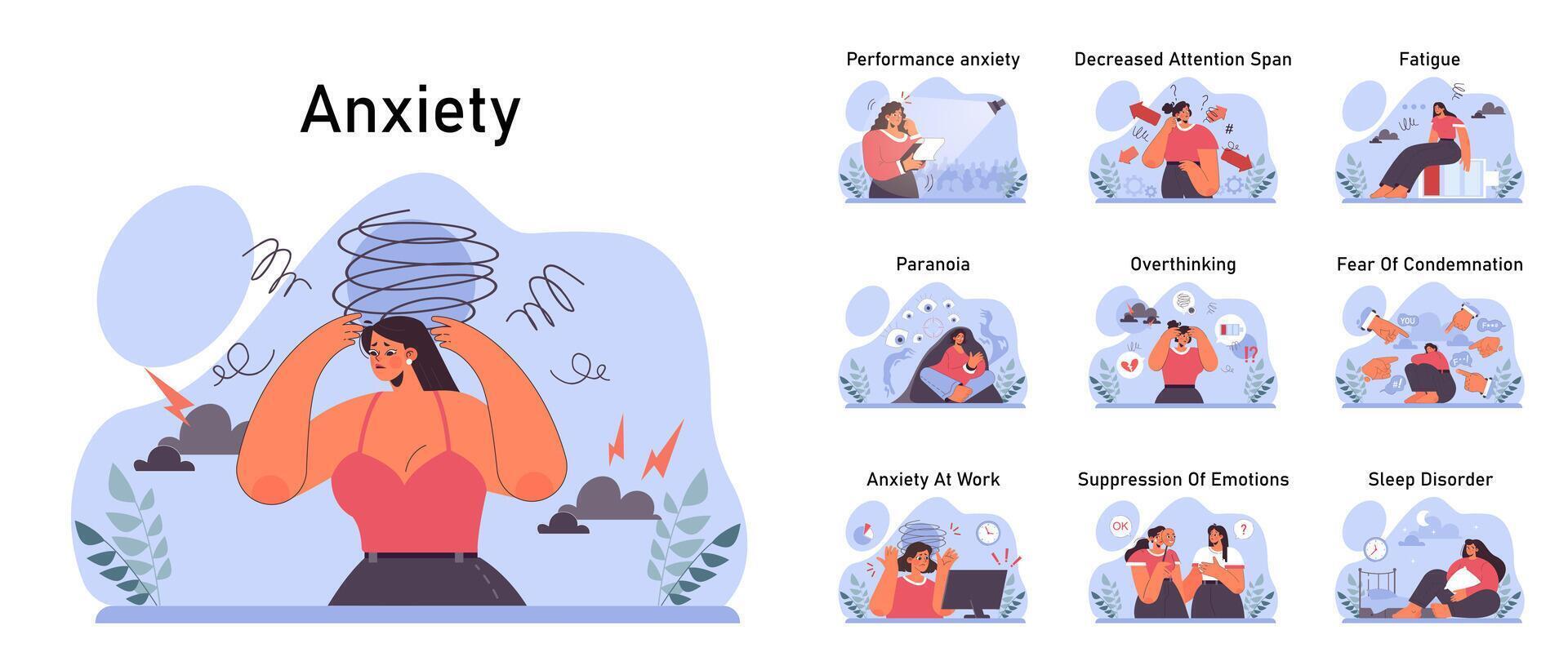 Anxiety set. Character mental health issues. Woman coping with psychological vector