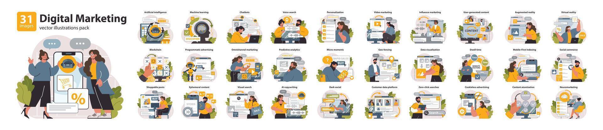 Digital marketing set. Marketing strategy development innovative techniques, vector