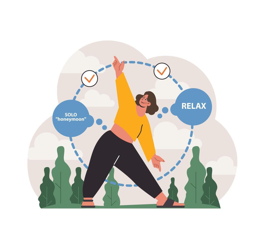 Solo travel, honeymoon on a retreat resort. Female character in a sportswear vector