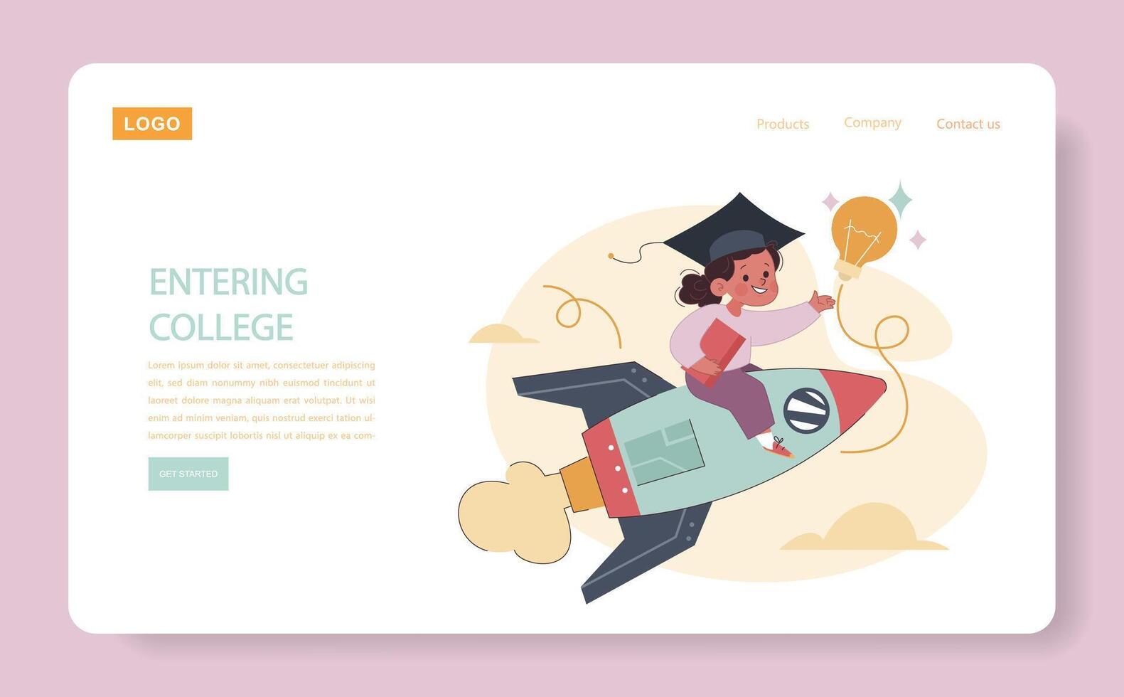 Little girl wearing a square academic cap web banner or landing page. vector
