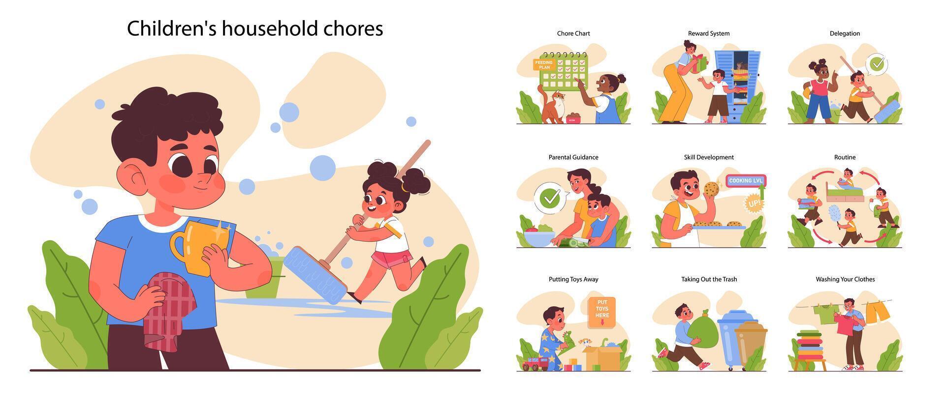 Child doing household chores set. Formation of your child's responsibility. vector