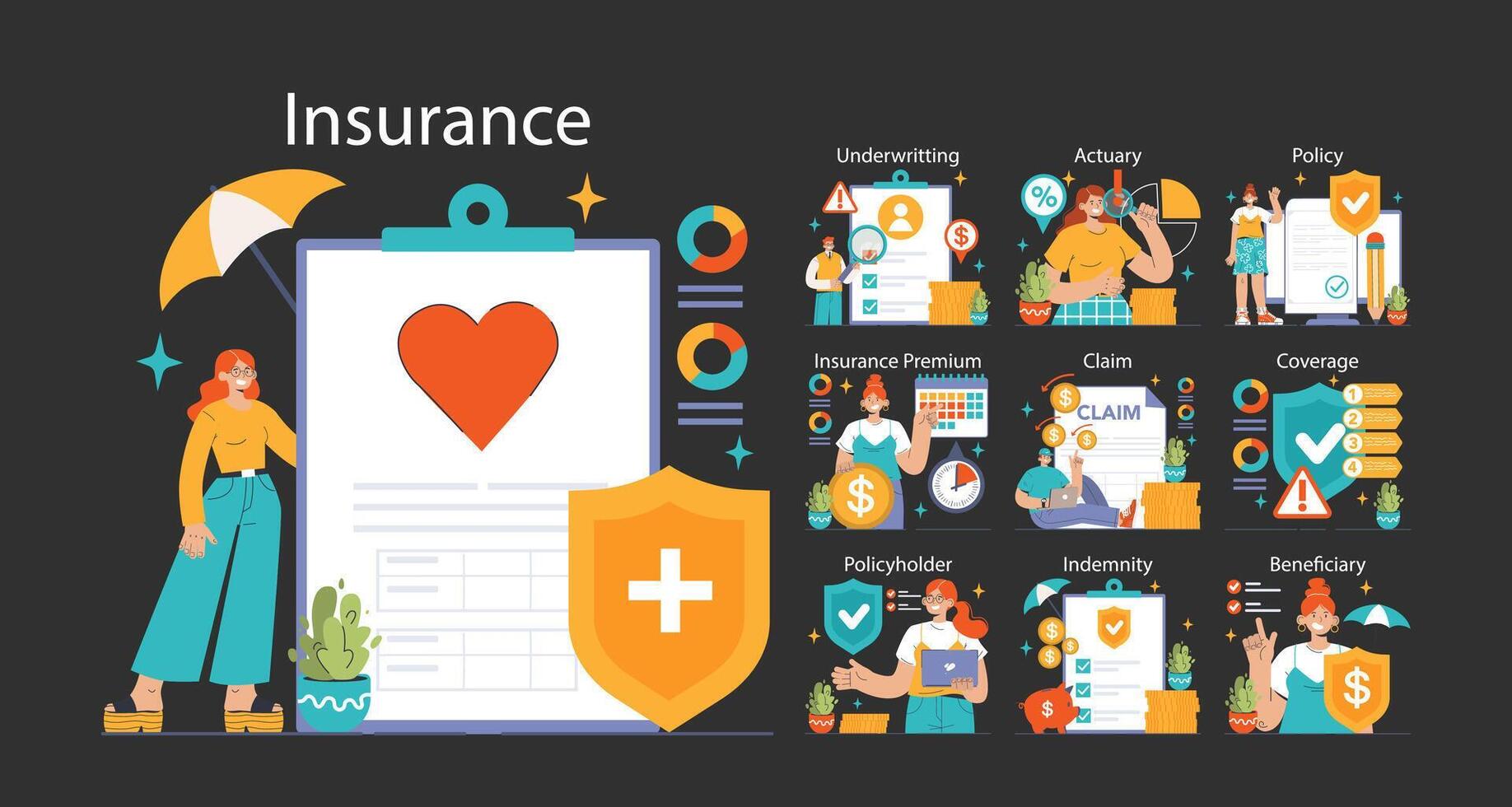Insurance dark or night mode set. Security and protection of life and property vector