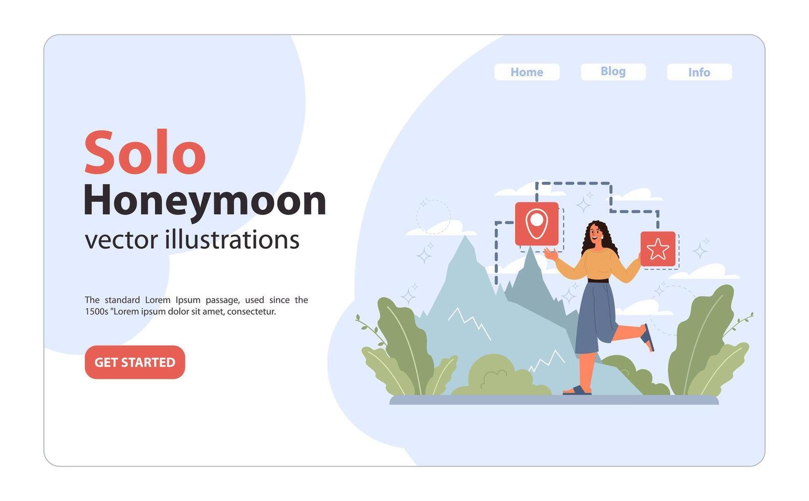 Solo travel, honeymoon web banner or landing page. Female character vector