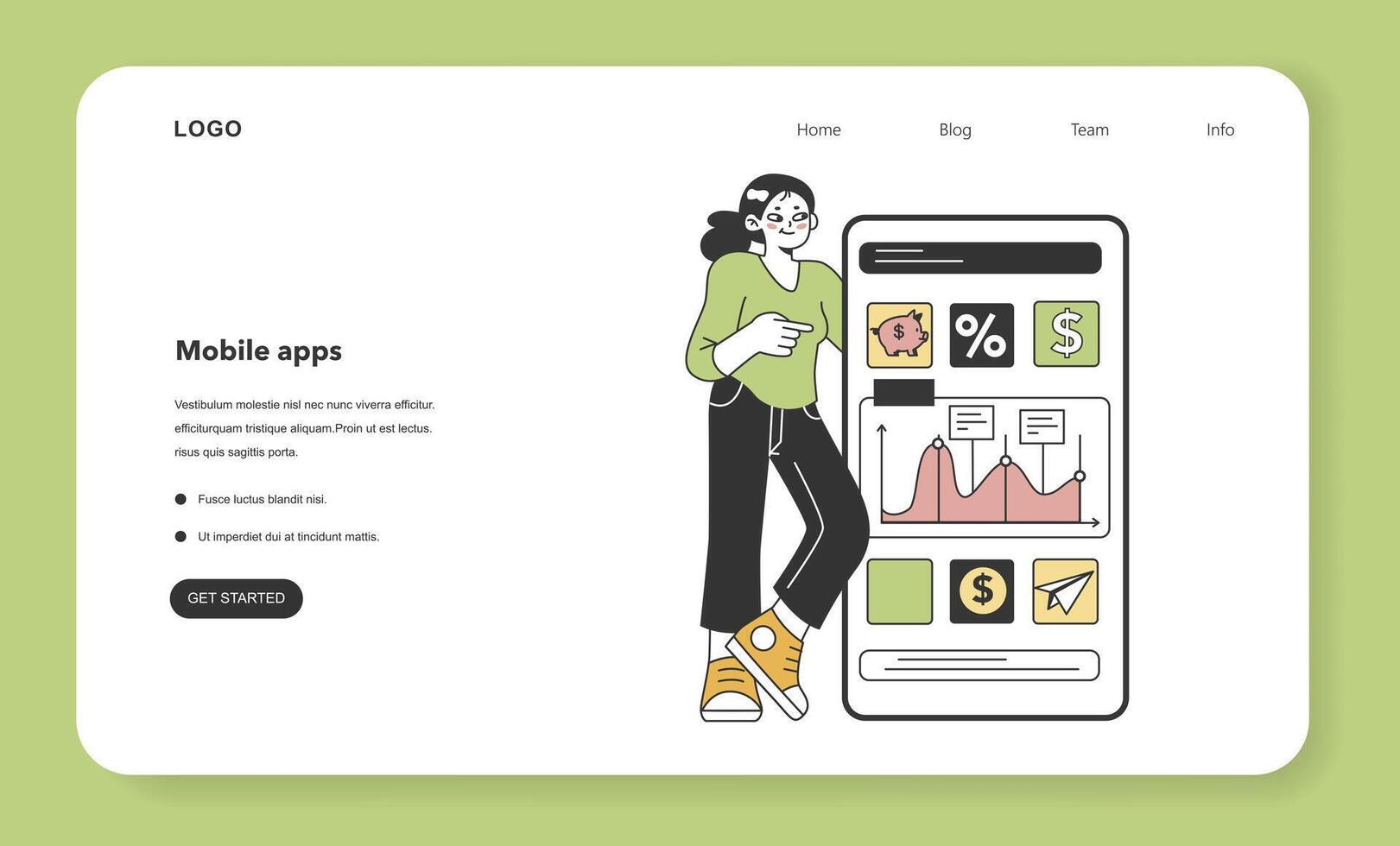 Financial literacy and expenses control app web banner or landing page. vector