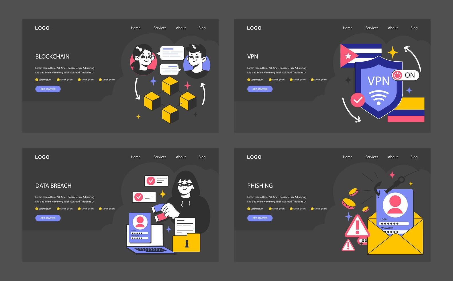 Data privacy web banner or landing page dark or night mode. Cyber vector