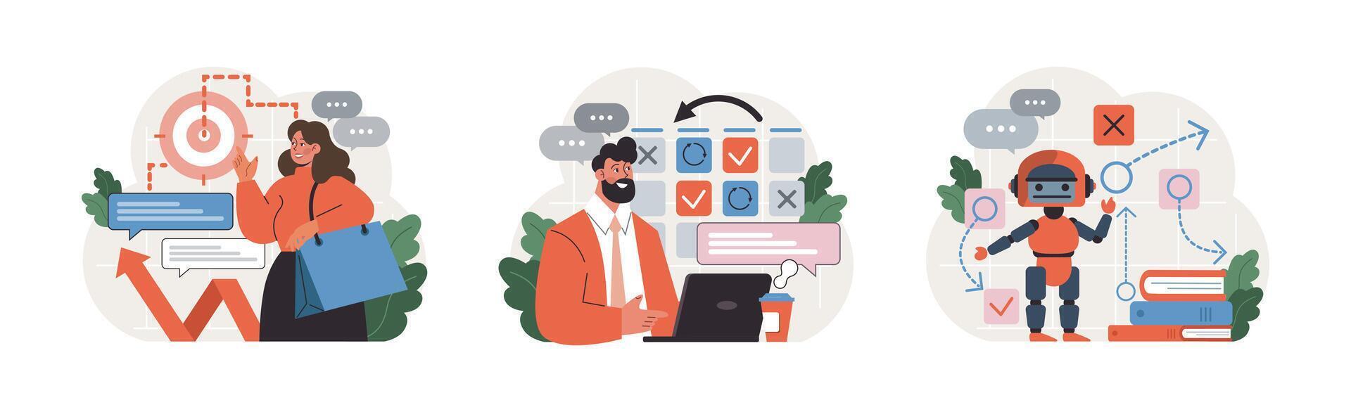 Progress set. Work optimization and efficiency. Character moving vector