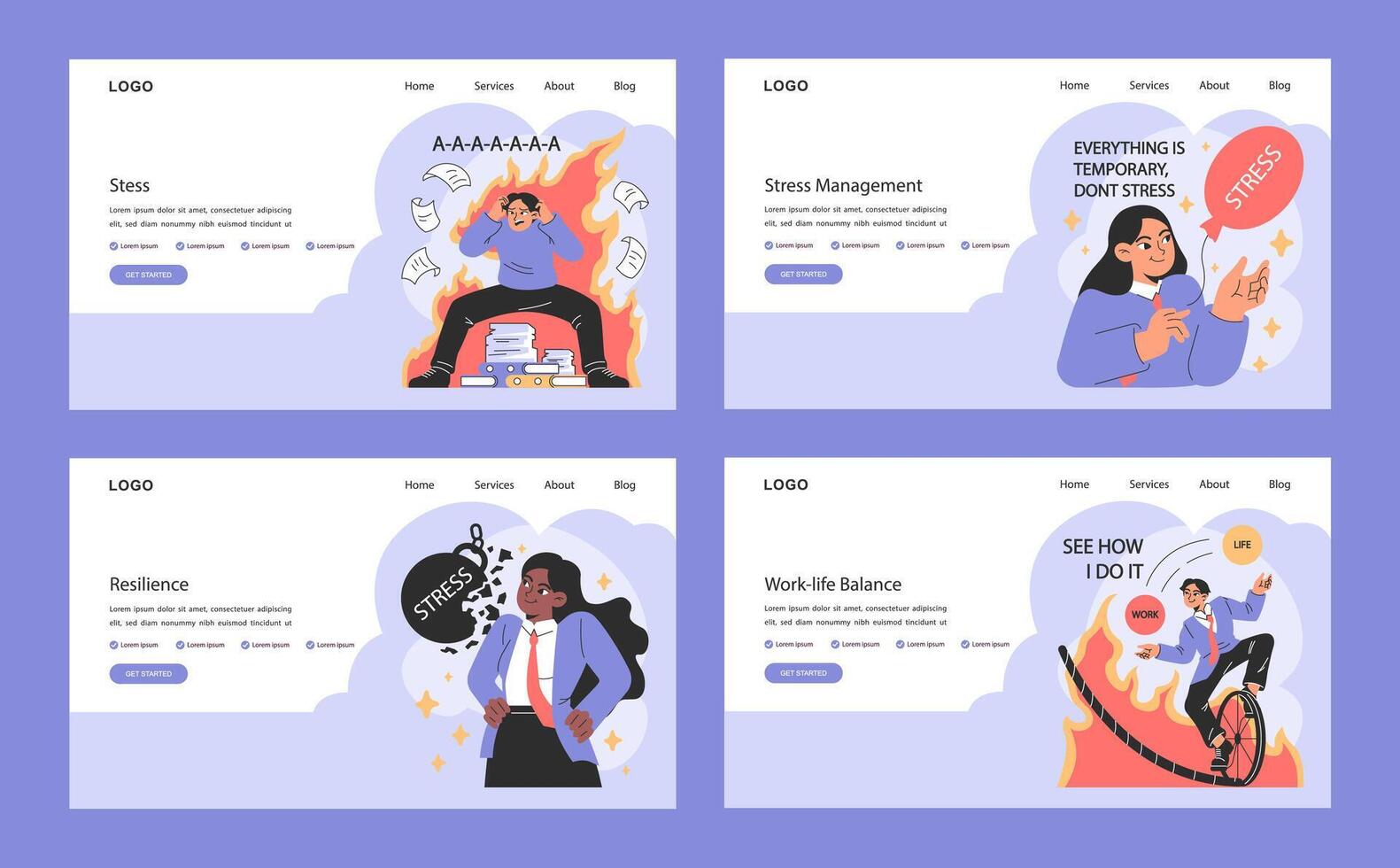 Professional burnout web banner or landing page set. Employee on fire vector