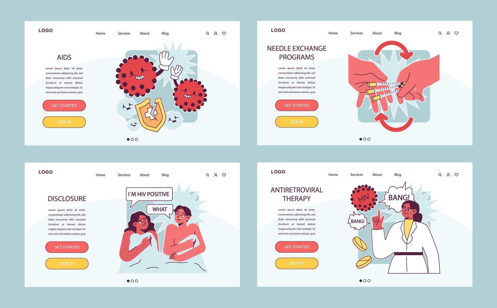 World AiDs day web banner or landing page set. HIV, immunodeficiency vector