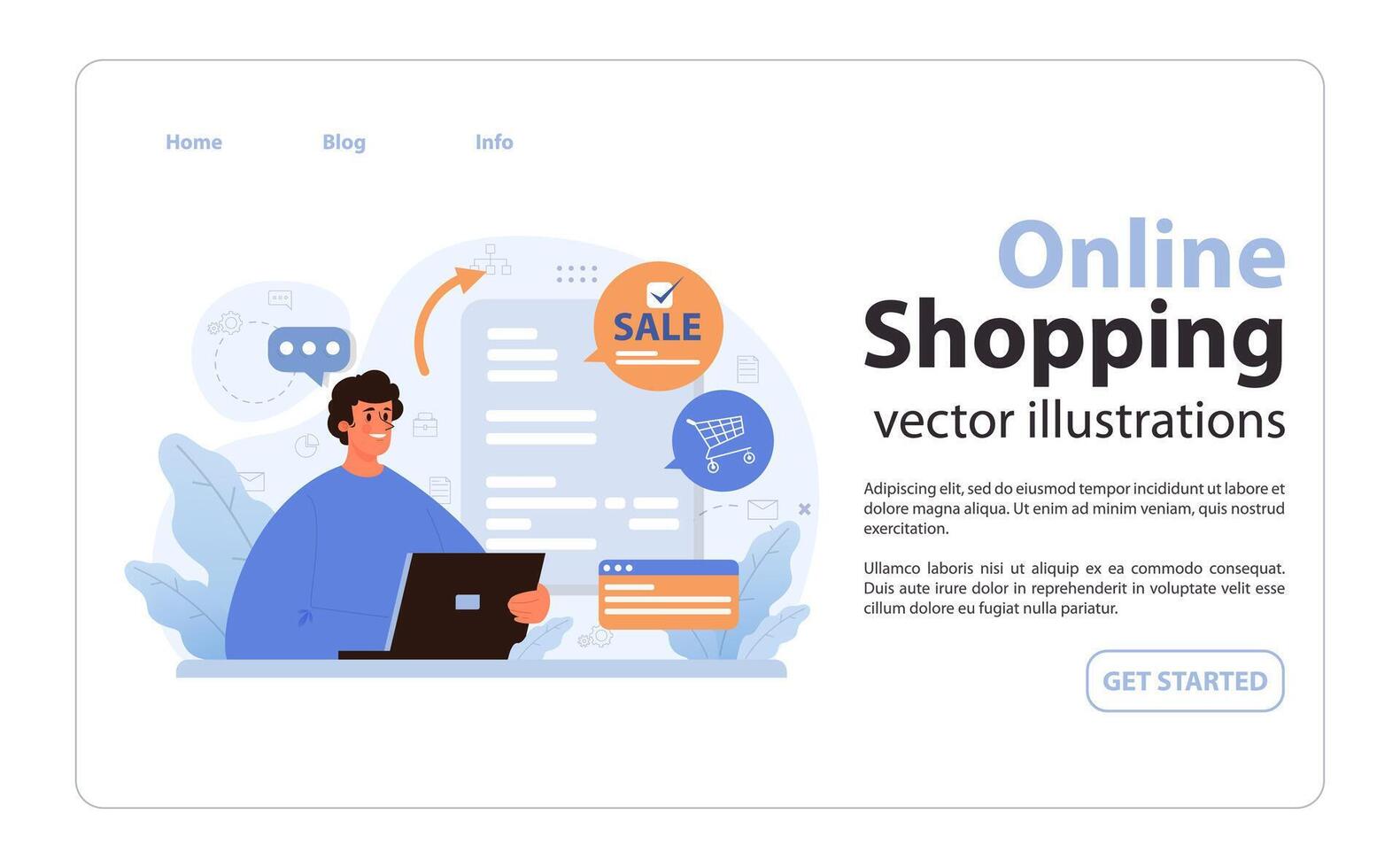 E-commerce web banner or landing page. Online shopping, male character vector