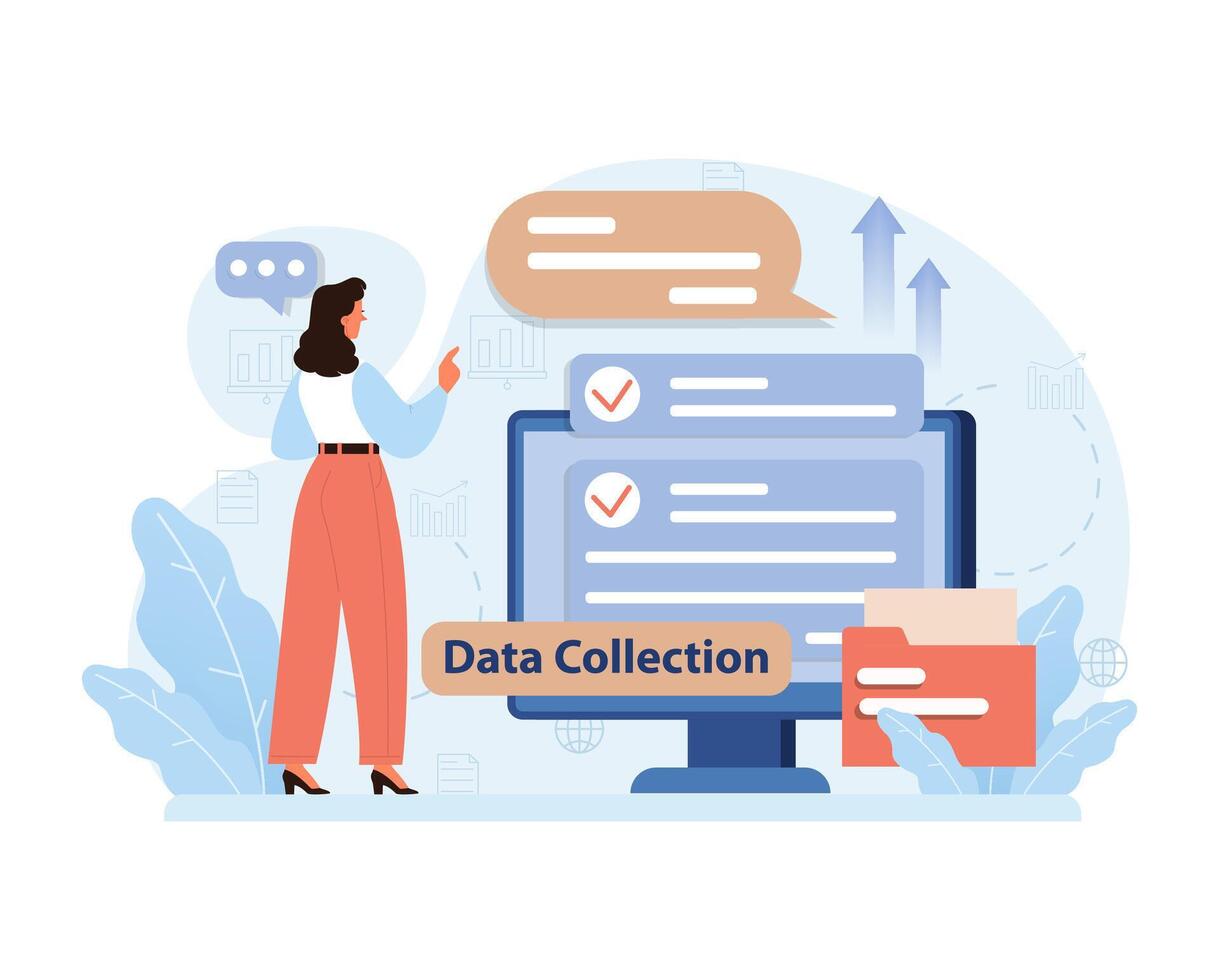 Public opinion poll data. Female character collecting an online survey vector