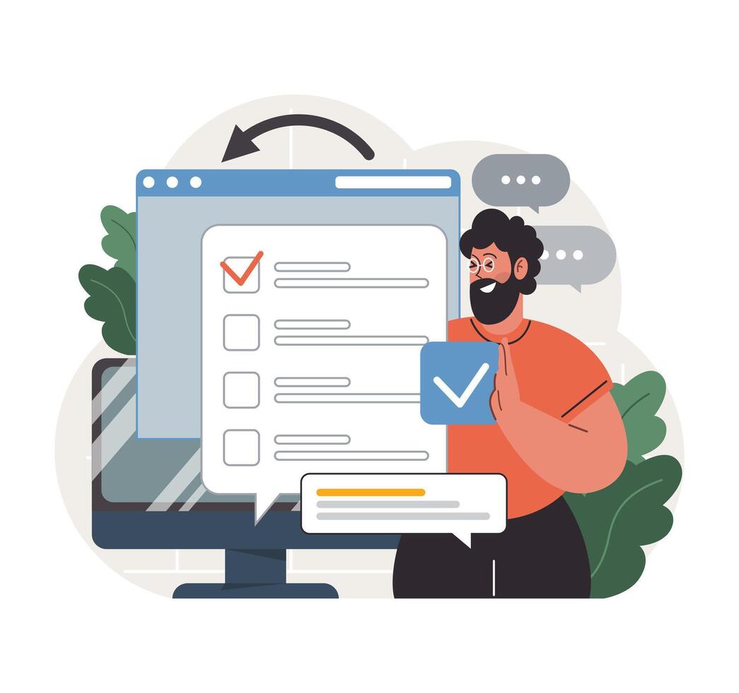 Public opinion polling. Male character participation in an online survey. vector