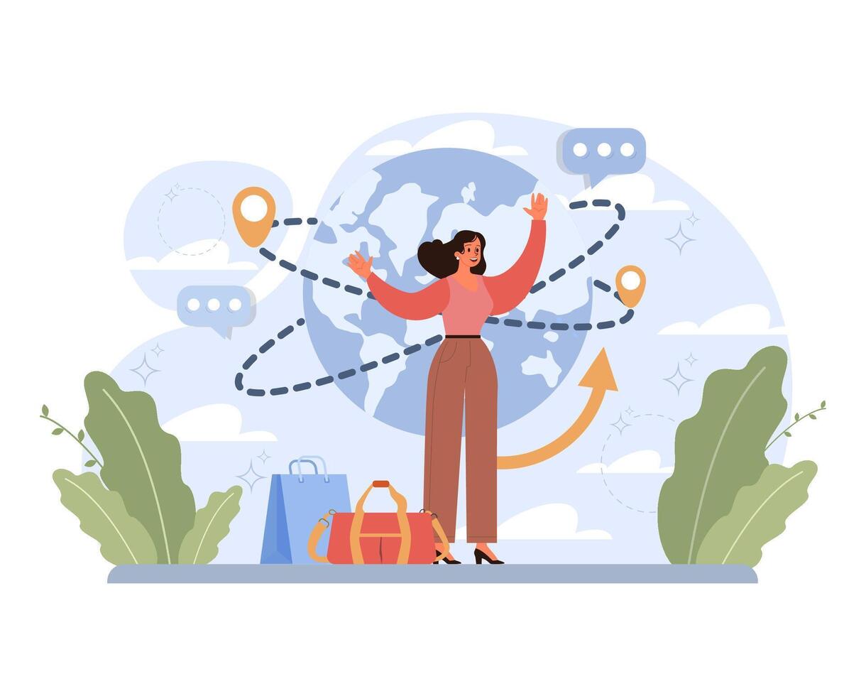 Solo travel, honeymoon. Female character traveling alone. vector