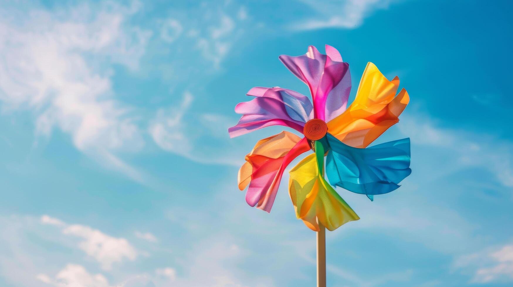 Colorful pinwheel against a bright blue sky with sparse clouds, representing fun, playfulness, and wind energy in a vibrant outdoor setting. photo