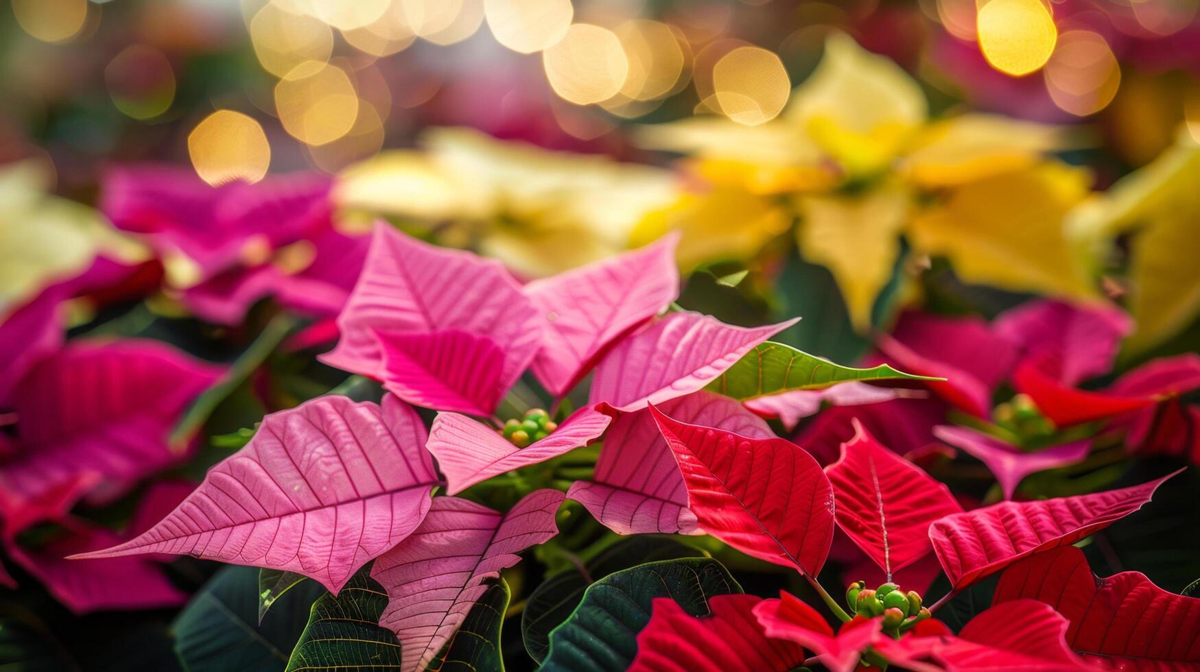 Beautiful poinsettia flowers in vibrant red, pink, and yellow hues with festive bokeh lights in the background, perfect for holiday decoration. photo