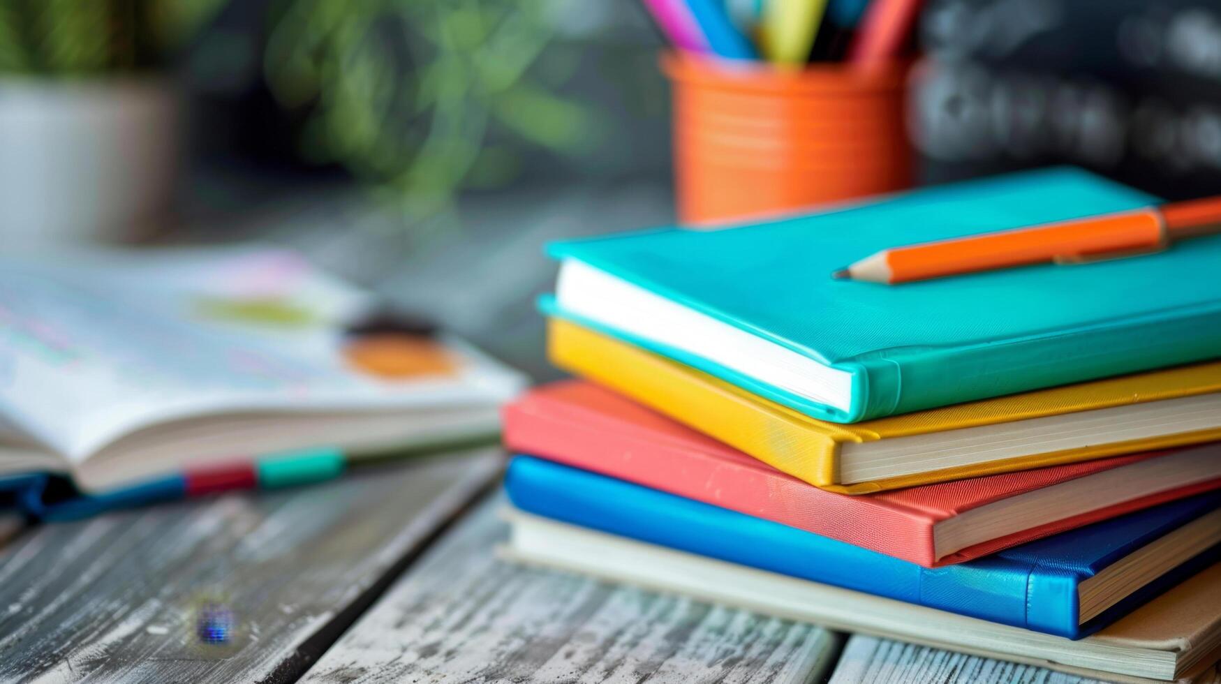 Colorful stack of notebooks and pencils on a wooden table, perfect for back-to-school themes and educational settings. photo