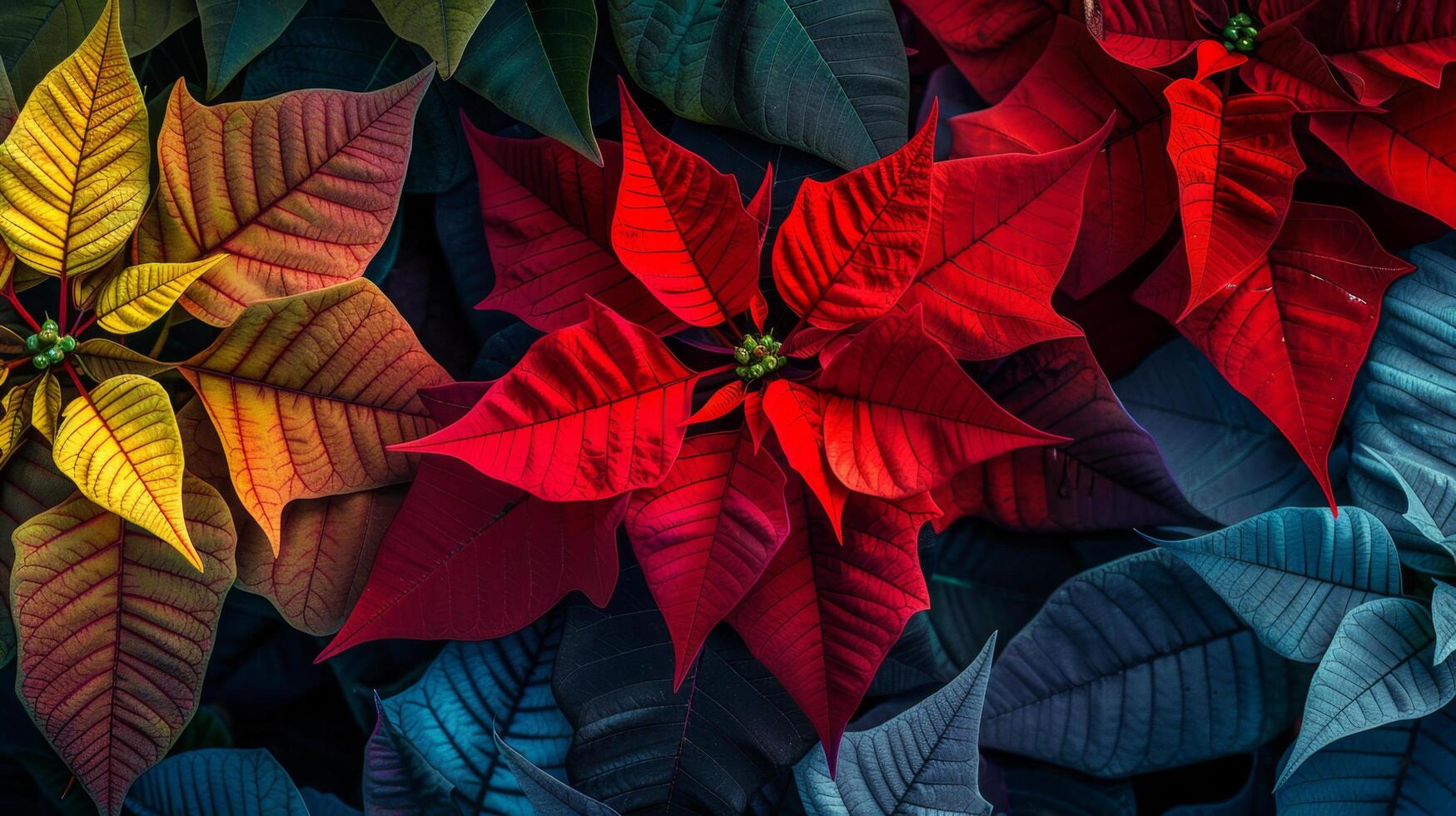 Vibrant poinsettia flowers in red, yellow, and green create a stunning contrast, ideal for festive and floral-themed projects. photo