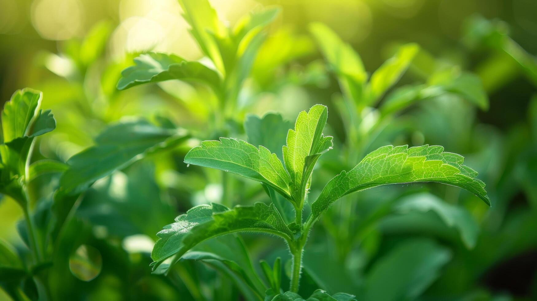 Close-up of lush green stevia plants basking in sunlight, showcasing natural sweetness, healthy lifestyle, and organic gardening. photo