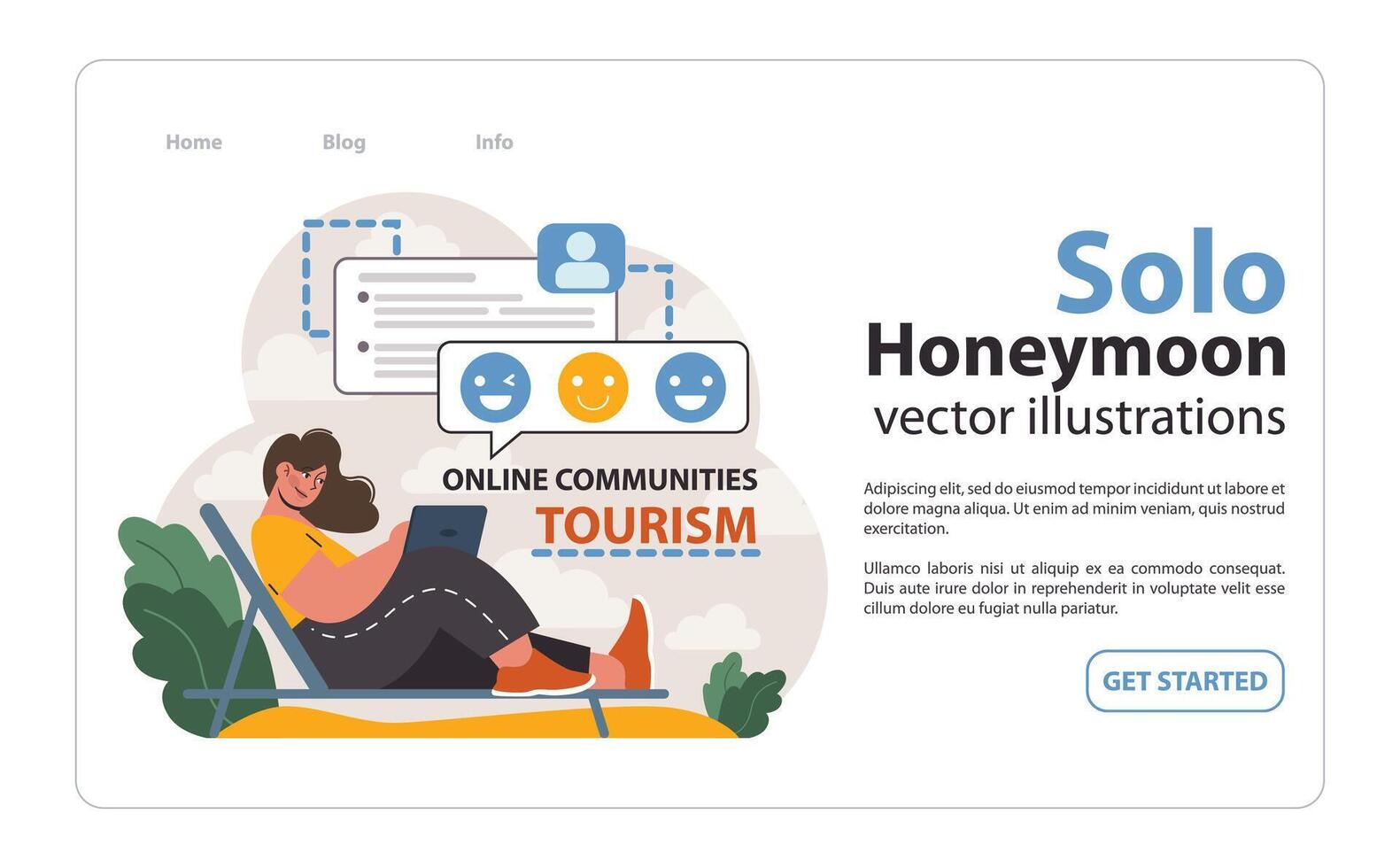 Solo travel or honeymoon planning. Woman booking tickets online vector