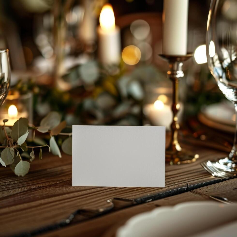 Elegant table setting with candles, glassware, and a blank place card for weddings or special events, warm and inviting ambiance. photo